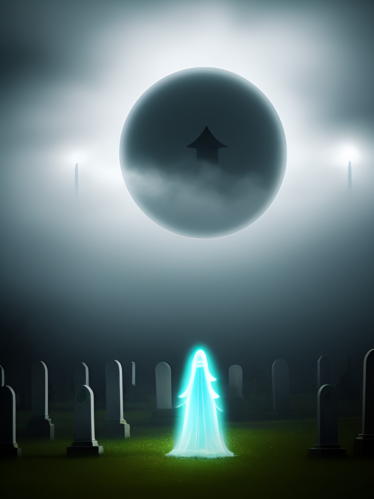 a translucent ghostly apparition hovering over a misty graveyard, its hollow eyes glowing with an otherworldly light. preview