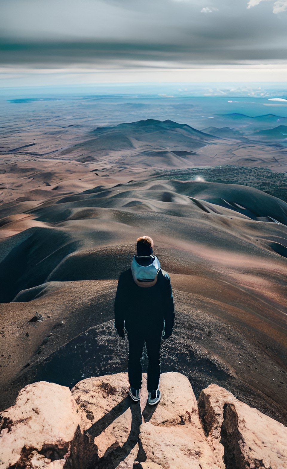 a person standing on a mountaintop, surrounded by vast open spaces, symbolizing the freedom and security found in god's love and the courage to face life's challenges. style: symbolic and minimalist, preview