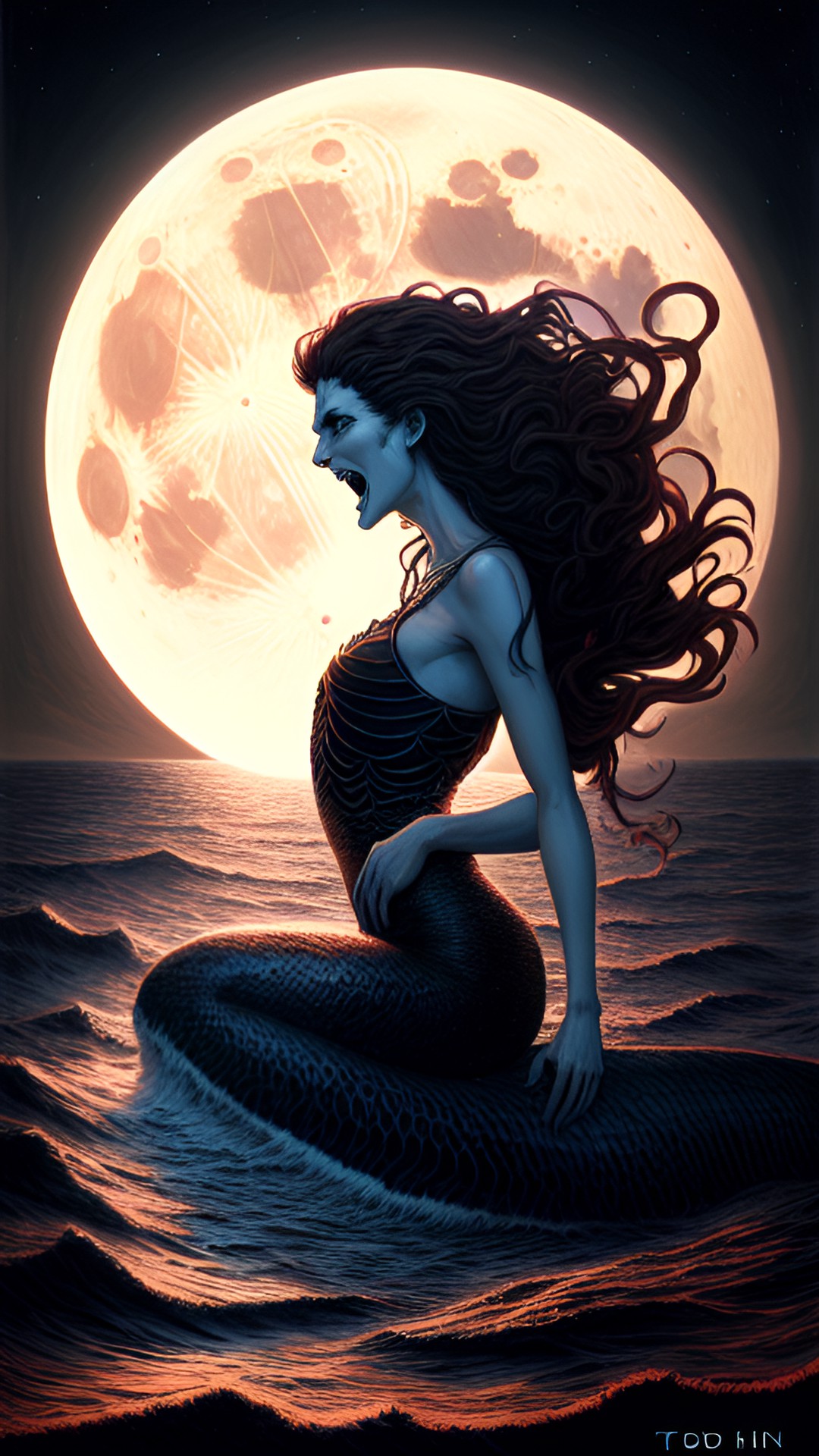 skeletal mermaid with black long curly hair and jaw none missing with hands on head screaming up. at the moon red rocky sea preview