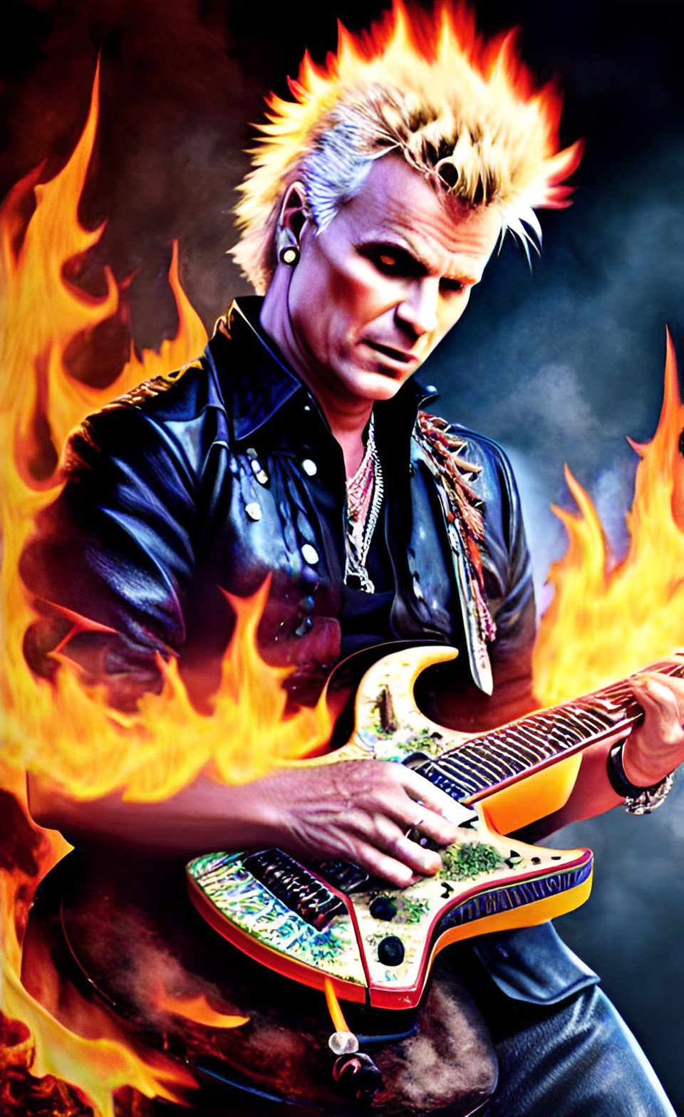 Billy Idol - create realistic image of billy idol with guitar on fire preview