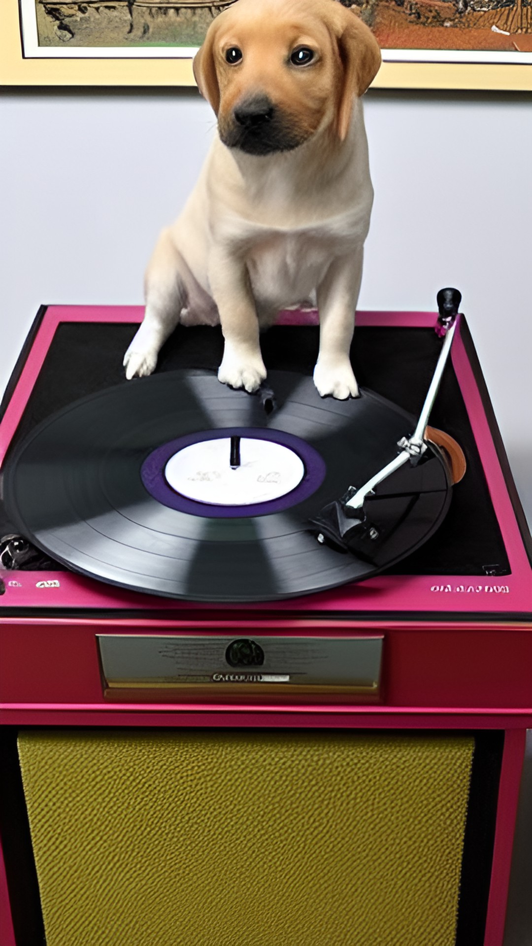 Puppy likes music - puppy sitting on a record player preview