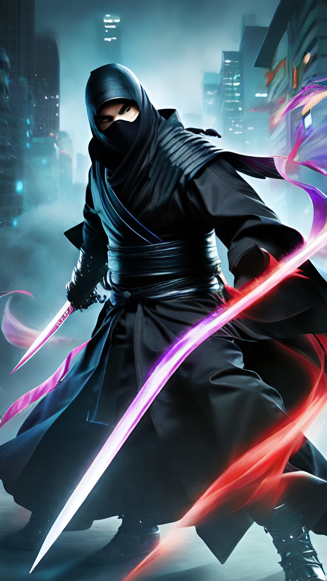 Ninja - a cool ninja  - a sleek ninja cloaked in black, wielding two gleaming katanas, surrounded by swirling smoke and glowing embers." preview