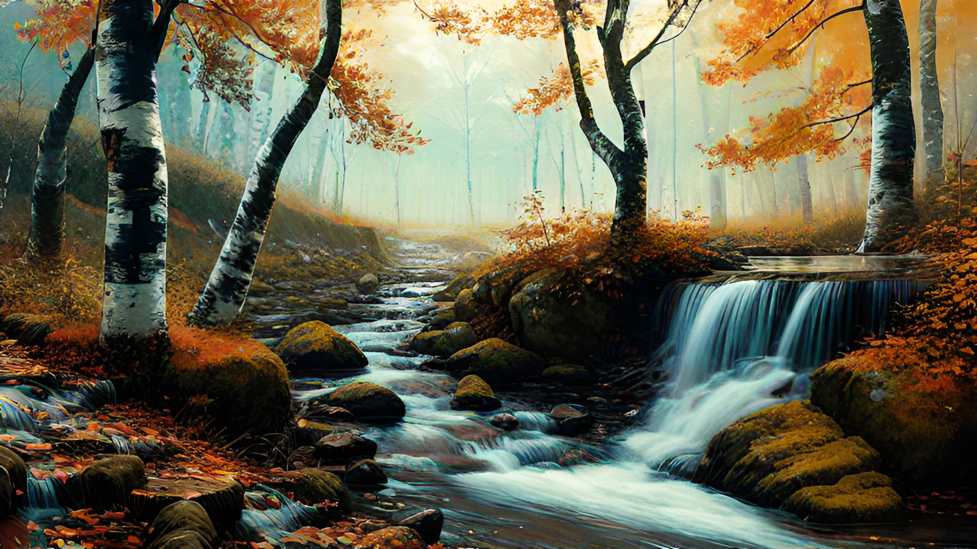 rustic birch forest with a river and small waterfall in autumn with deer in the foreground preview