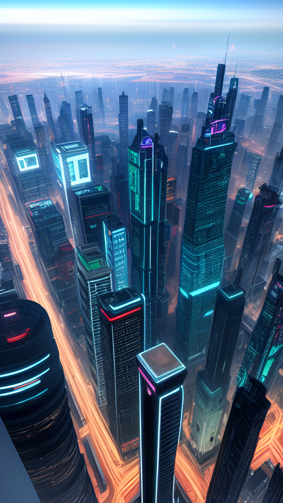 cyberpunk city in distance, almost empty, morning preview