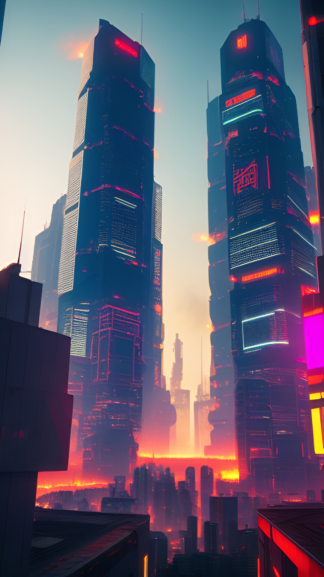 cyberpunk city in distance, almost empty, morning,fire in distance preview