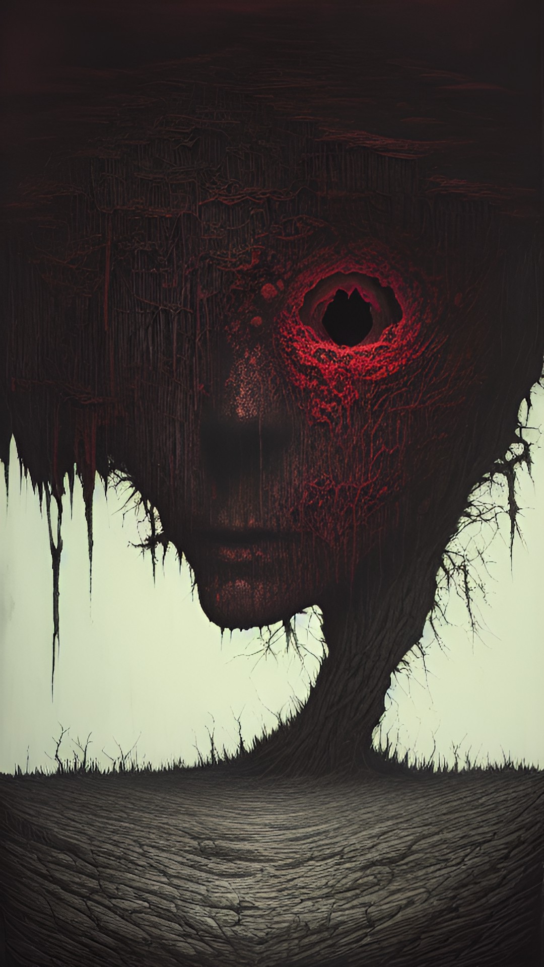 landscape head like a hole, dramatic horror, dark colors, mutations, terror, melting. preview