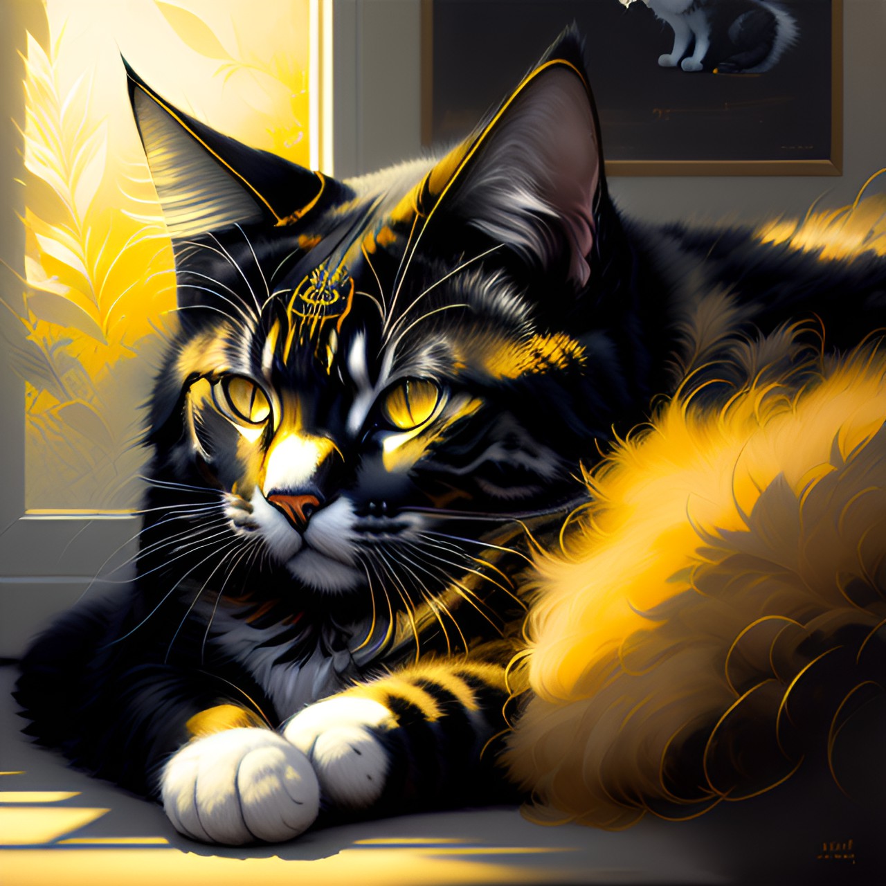 cat - a cat lounging in a sunbeam, its fur glowing golden. its eyes are closed in contentment and its tail twitches slightly in a dream. preview