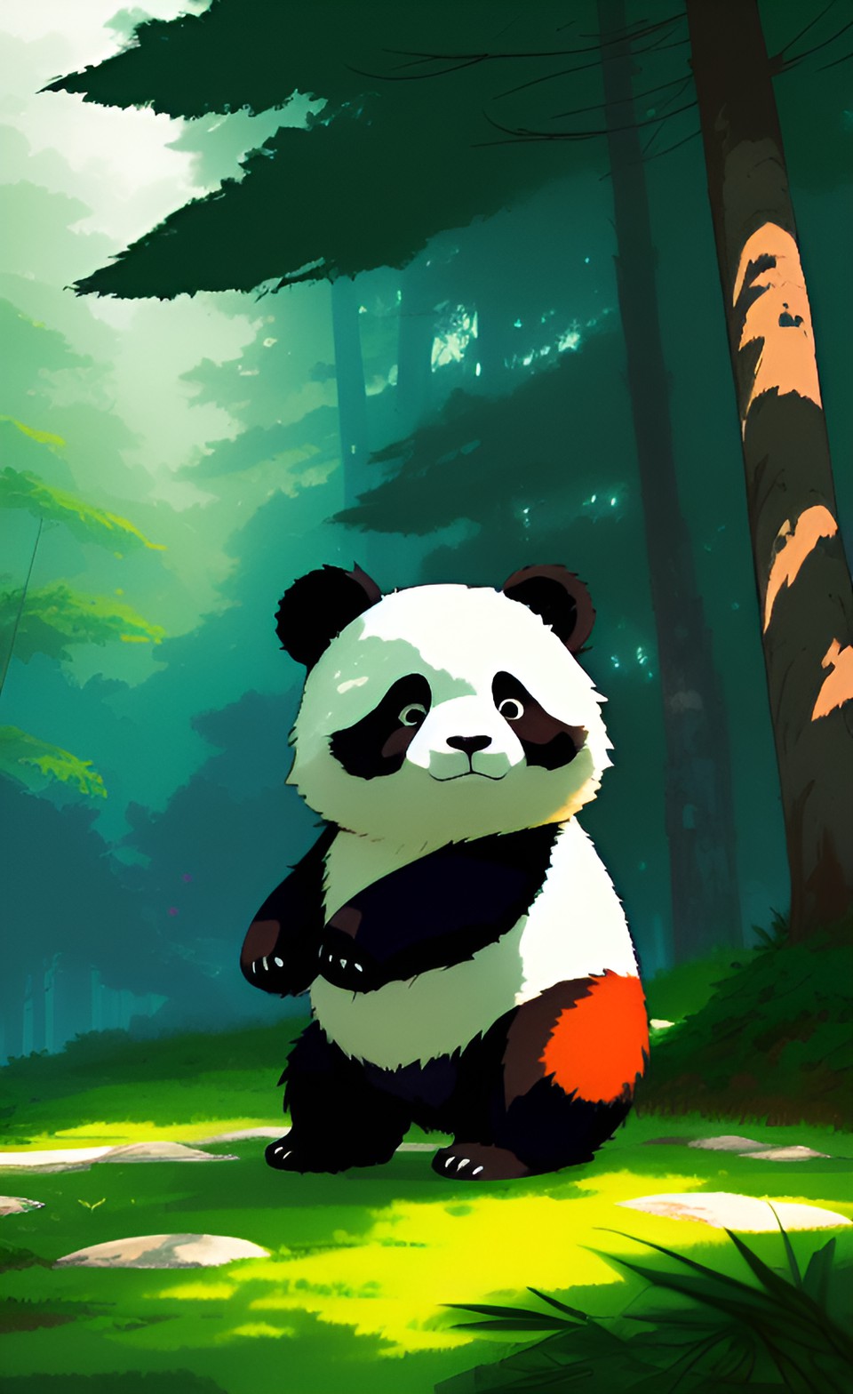 сделай меньше детализацию объектов - draw a panda in forest like as cartoon preview