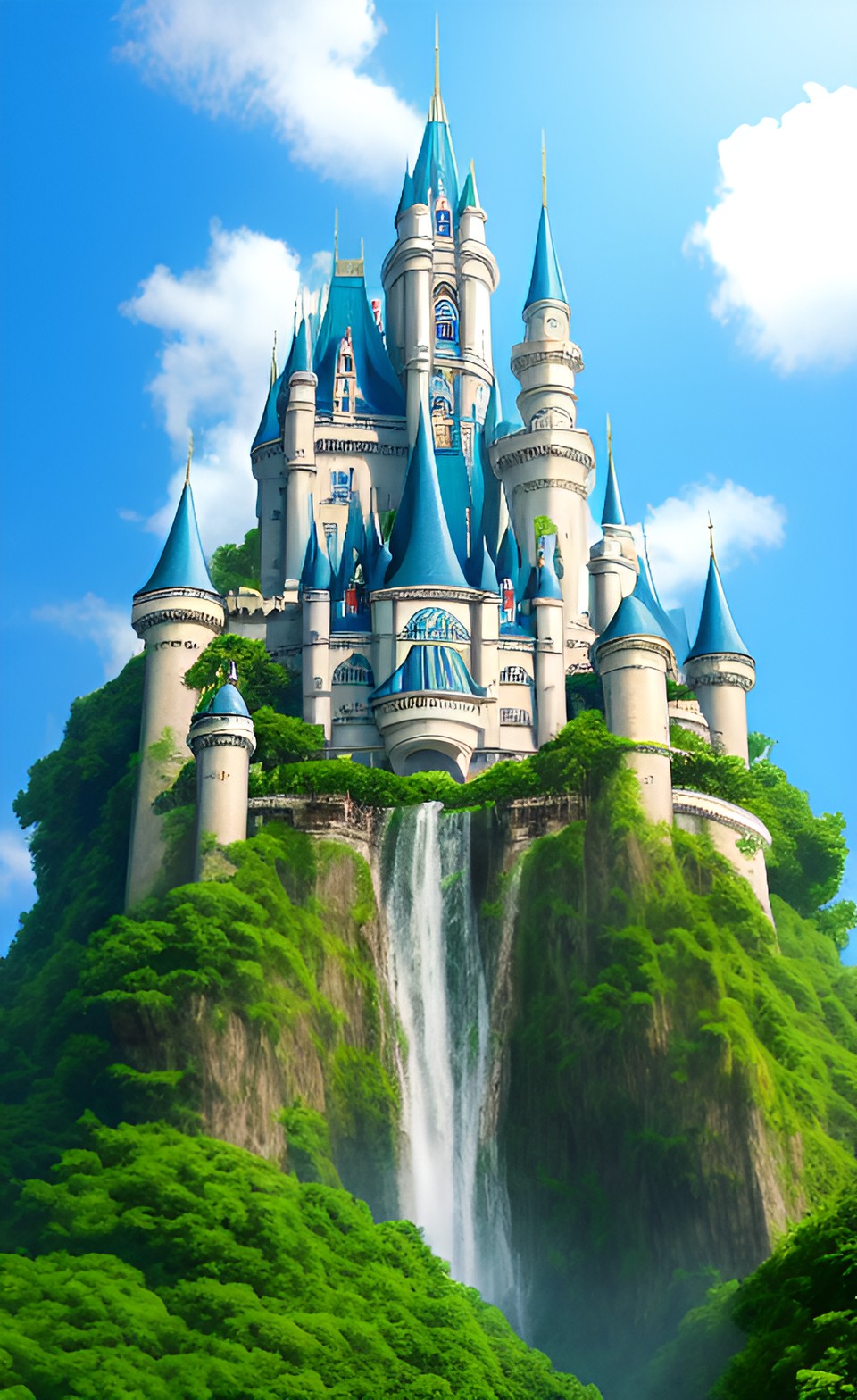 a majestic towering castle made of gleaming white marble nestled in the midst of a lush jungle, with a cascading waterfall running down the side and exotic birds perched on the turrets. preview