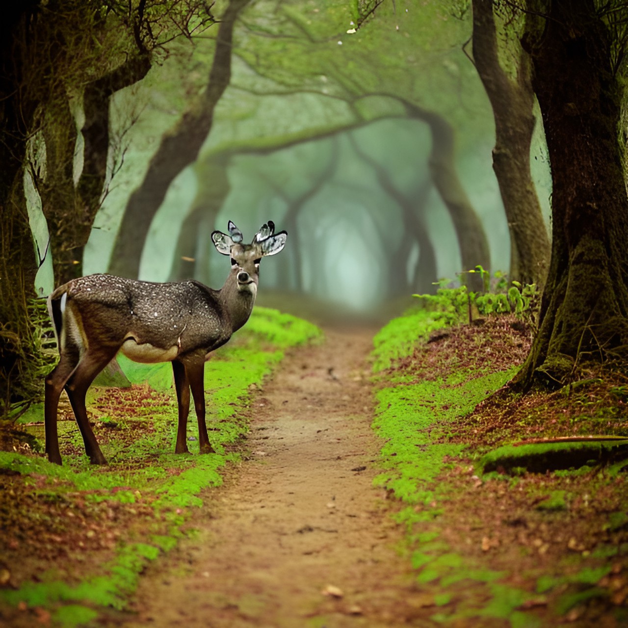 The Deer - deers looking into the pov while on a path in a laurel forest, foggy, high quality, detailed preview