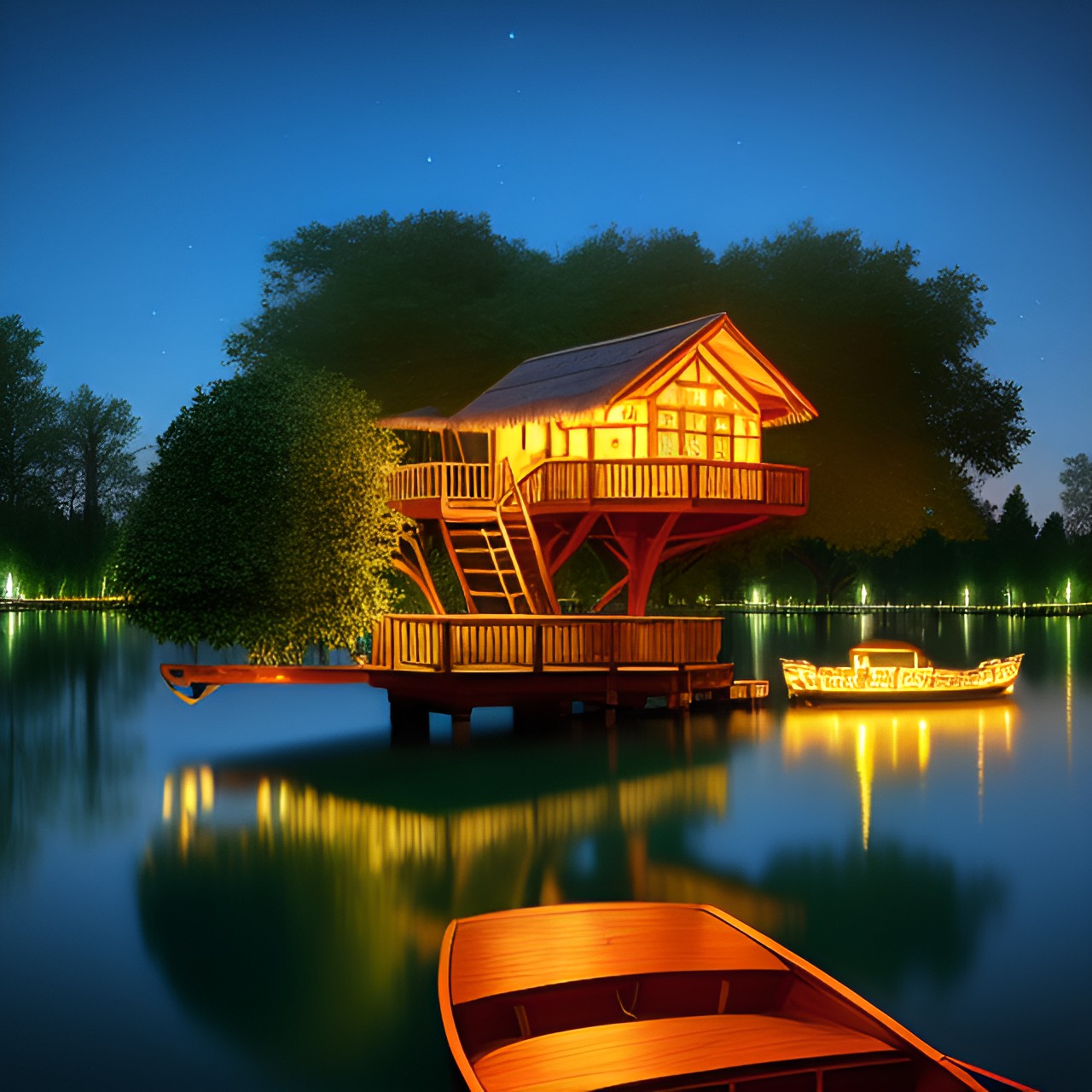 omg - 4k,a tree house in a lake,fary lights,night, nice,and a boat preview