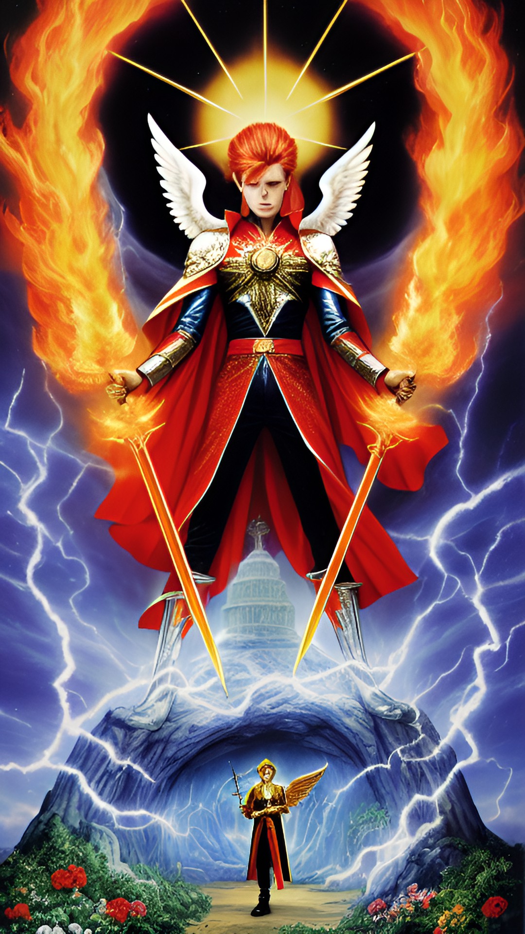 david bowie as an archangel with a flaming sword, guarding the entrance to the garden of eden. preview