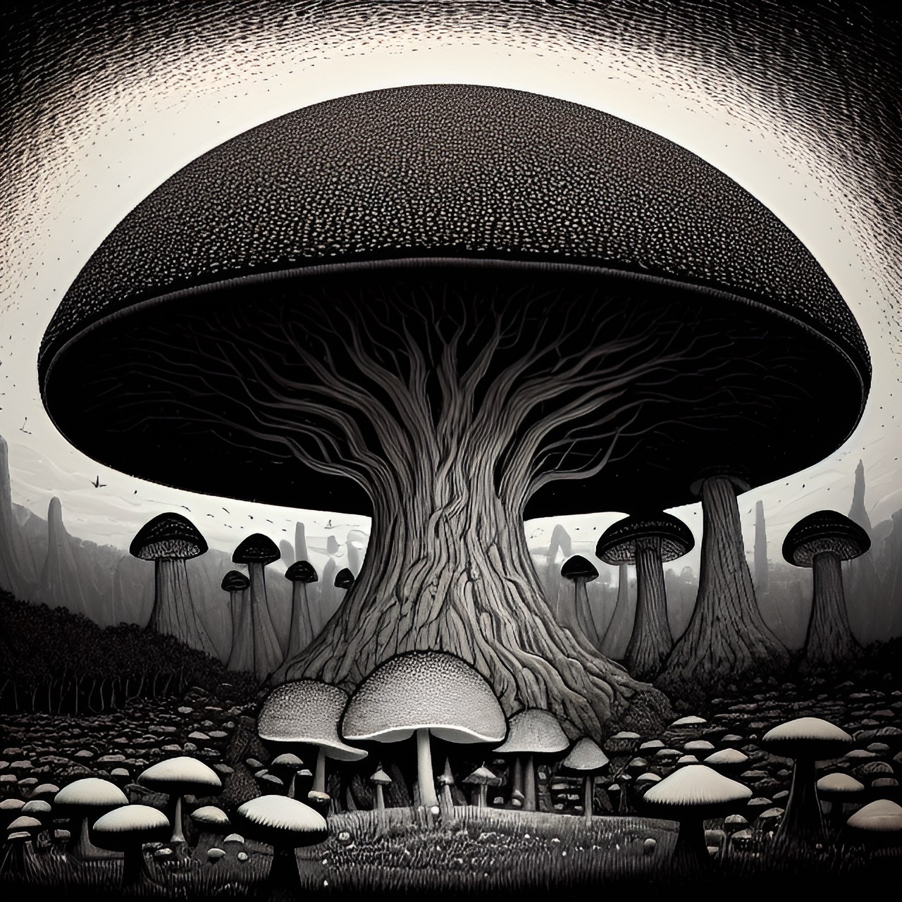 houba - the traveler in the landscape of giant mushrooms. preview