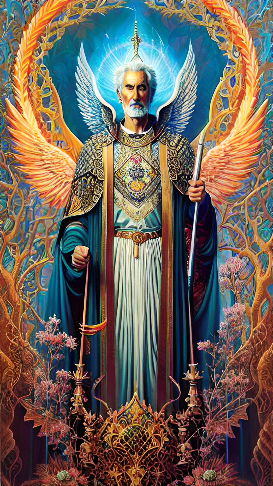 christopher lee the actor as an archangel with a flaming sword, guarding the entrance to the garden of eden. preview