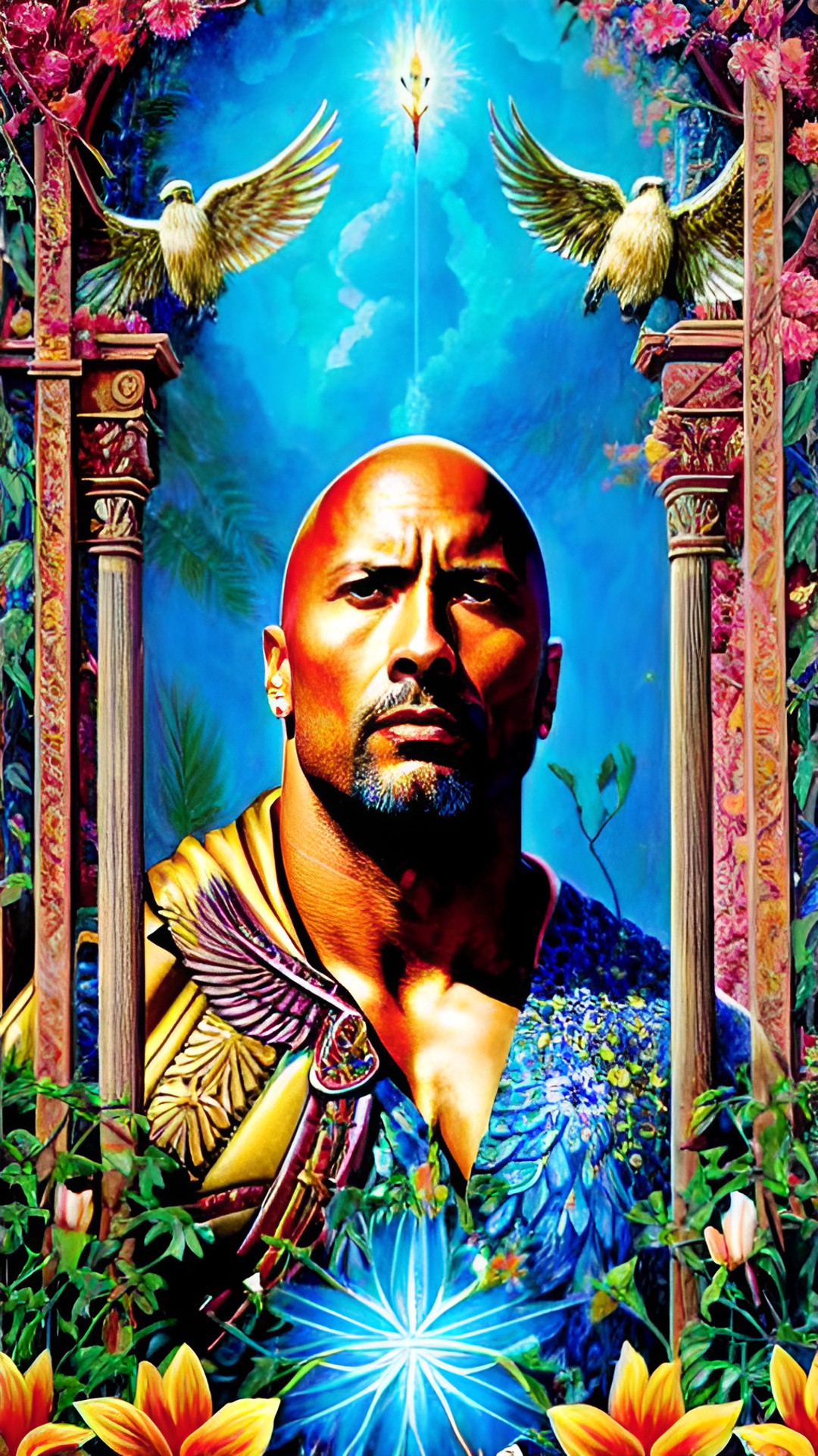 dwayne johnson the actor as an archangel with a flaming sword, guarding the entrance to the garden of eden. preview