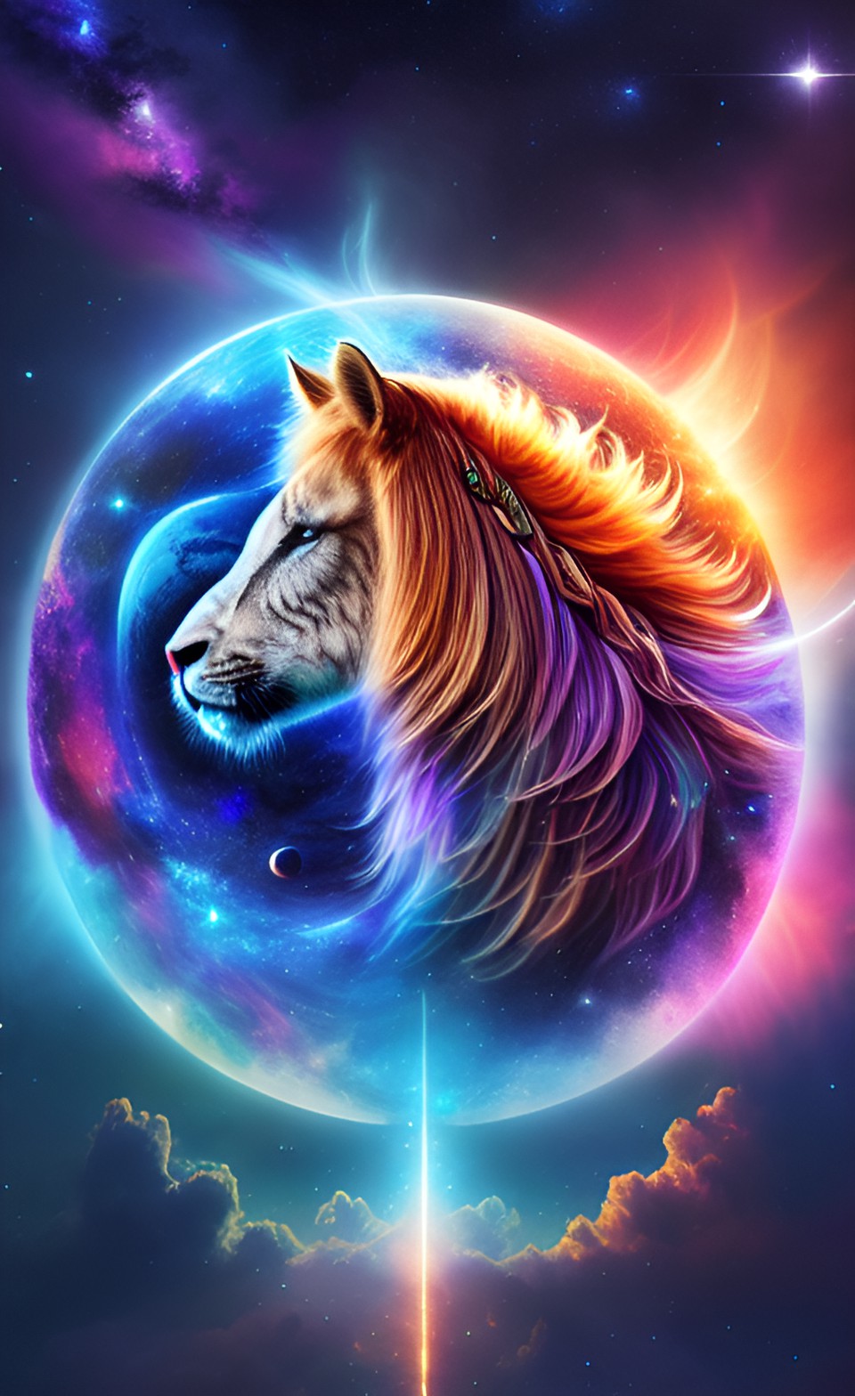 celestiallax (space/nature): majestic animal harnessing cosmic and natural powers, luminous mane, summoning celestial storms, nurturing plant life. preview