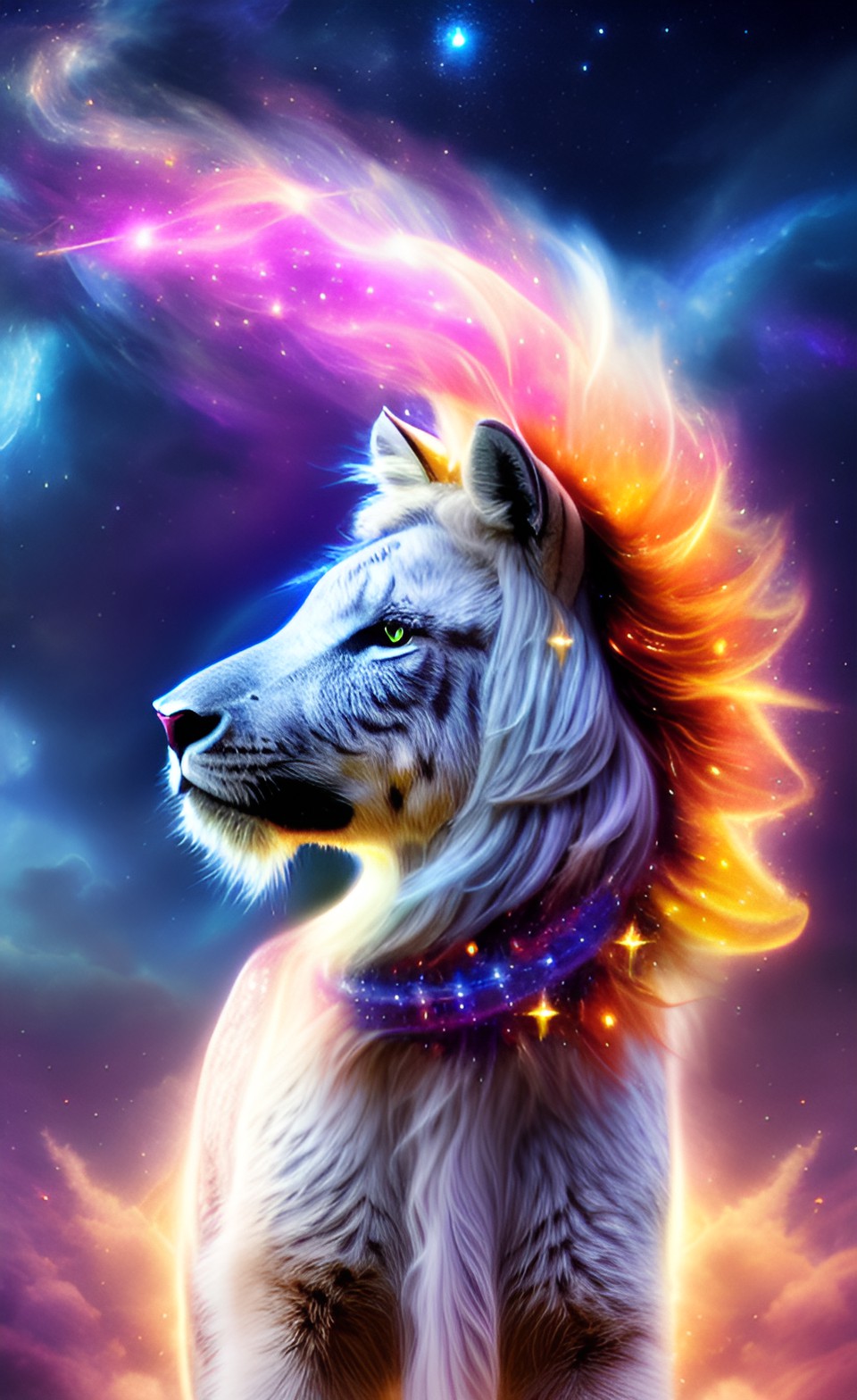 celestiallax (space/nature): majestic animal harnessing cosmic and natural powers, luminous mane, summoning celestial storms, nurturing plant life. preview