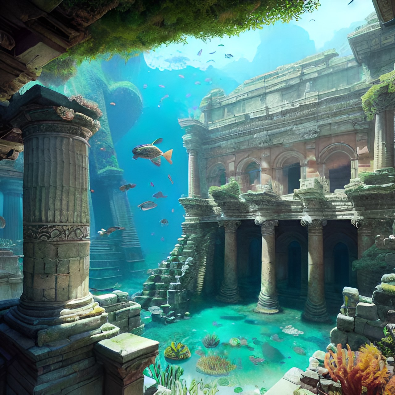 a mystical underwater world with mermaids and ancient ruins. preview