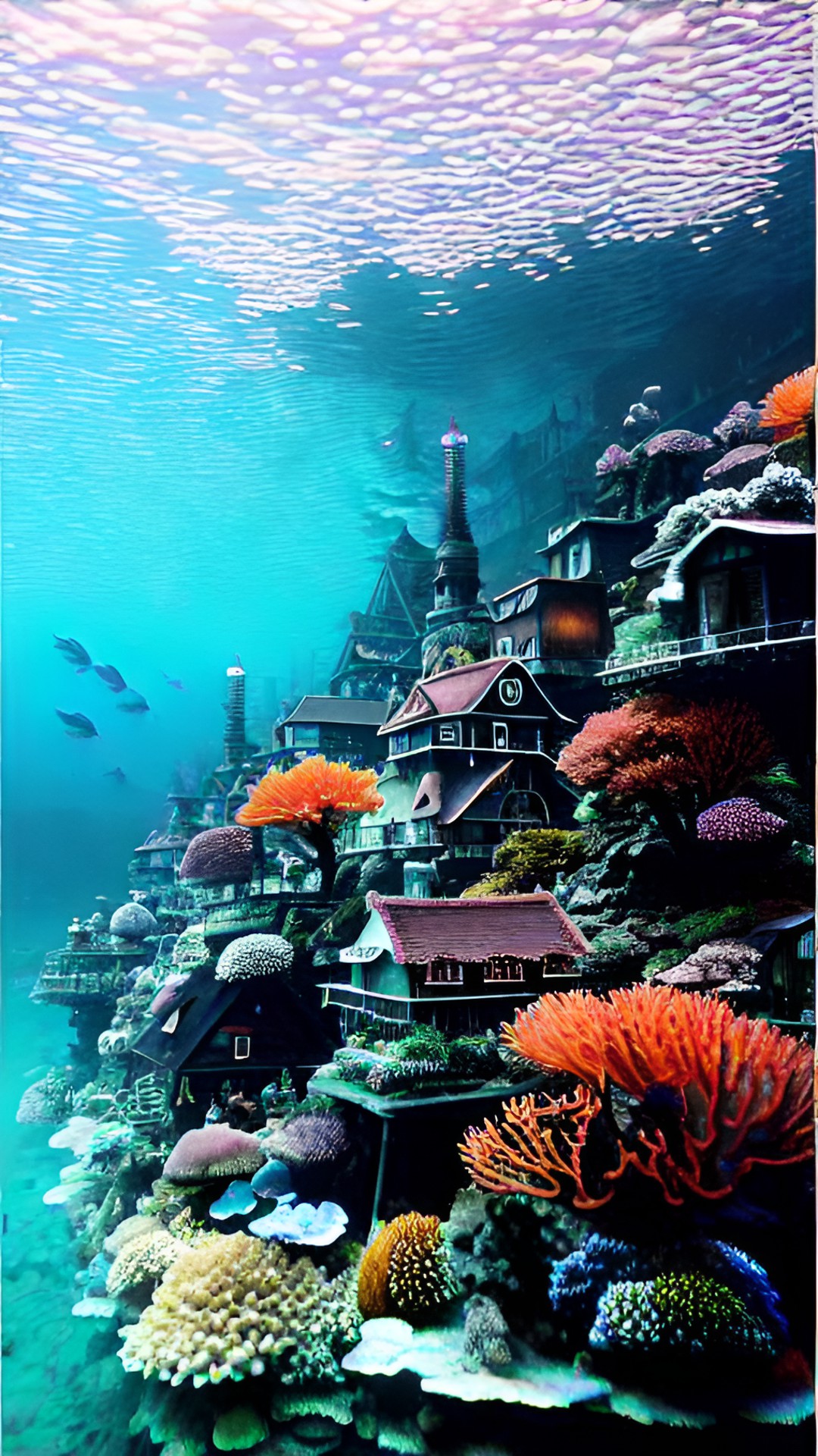 village nestled in a coral reef under the sea. preview