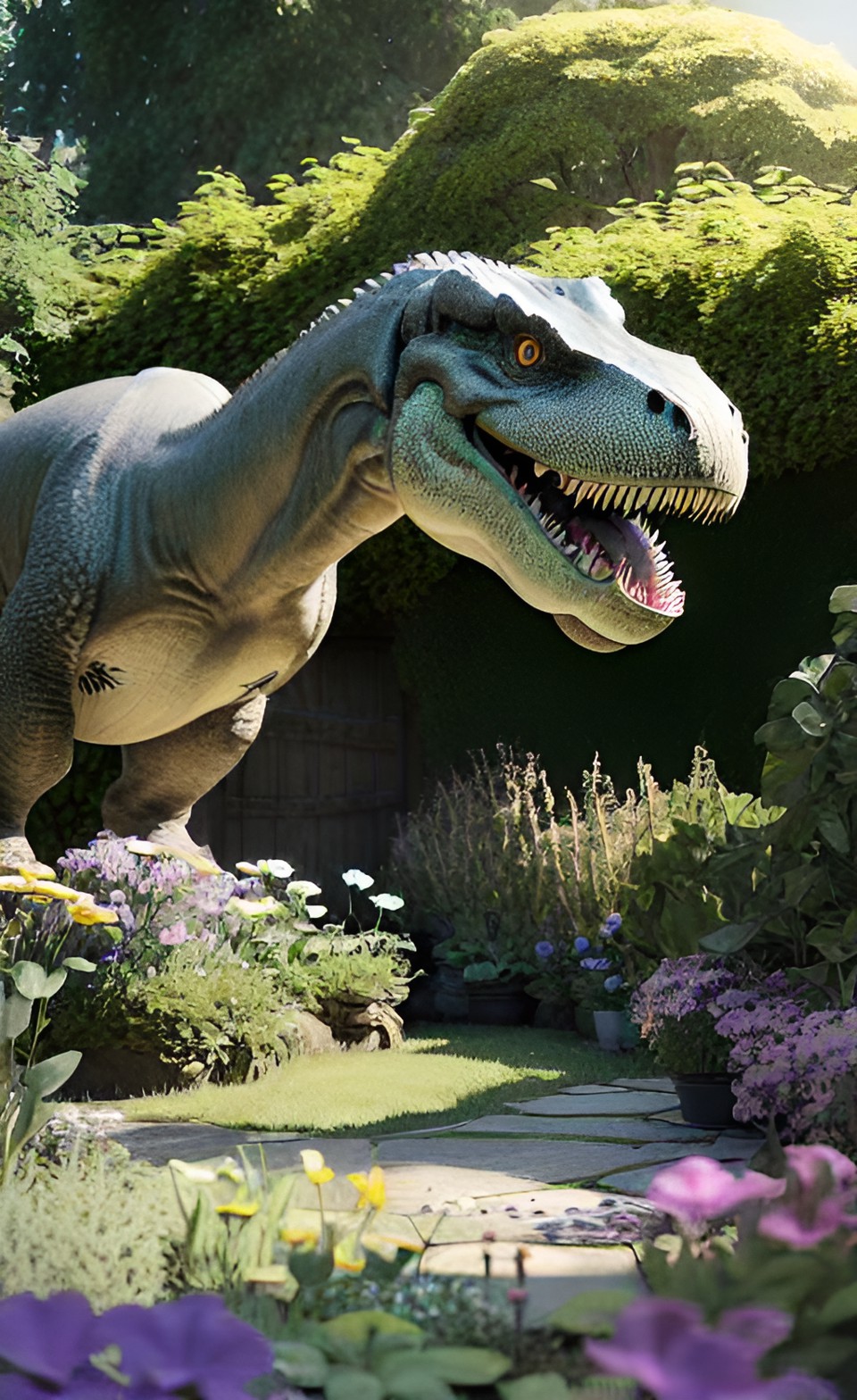 tyrannosaurus enjoying a sunny garden. there are lots of violets and daisies. butterflies are everywhere. preview