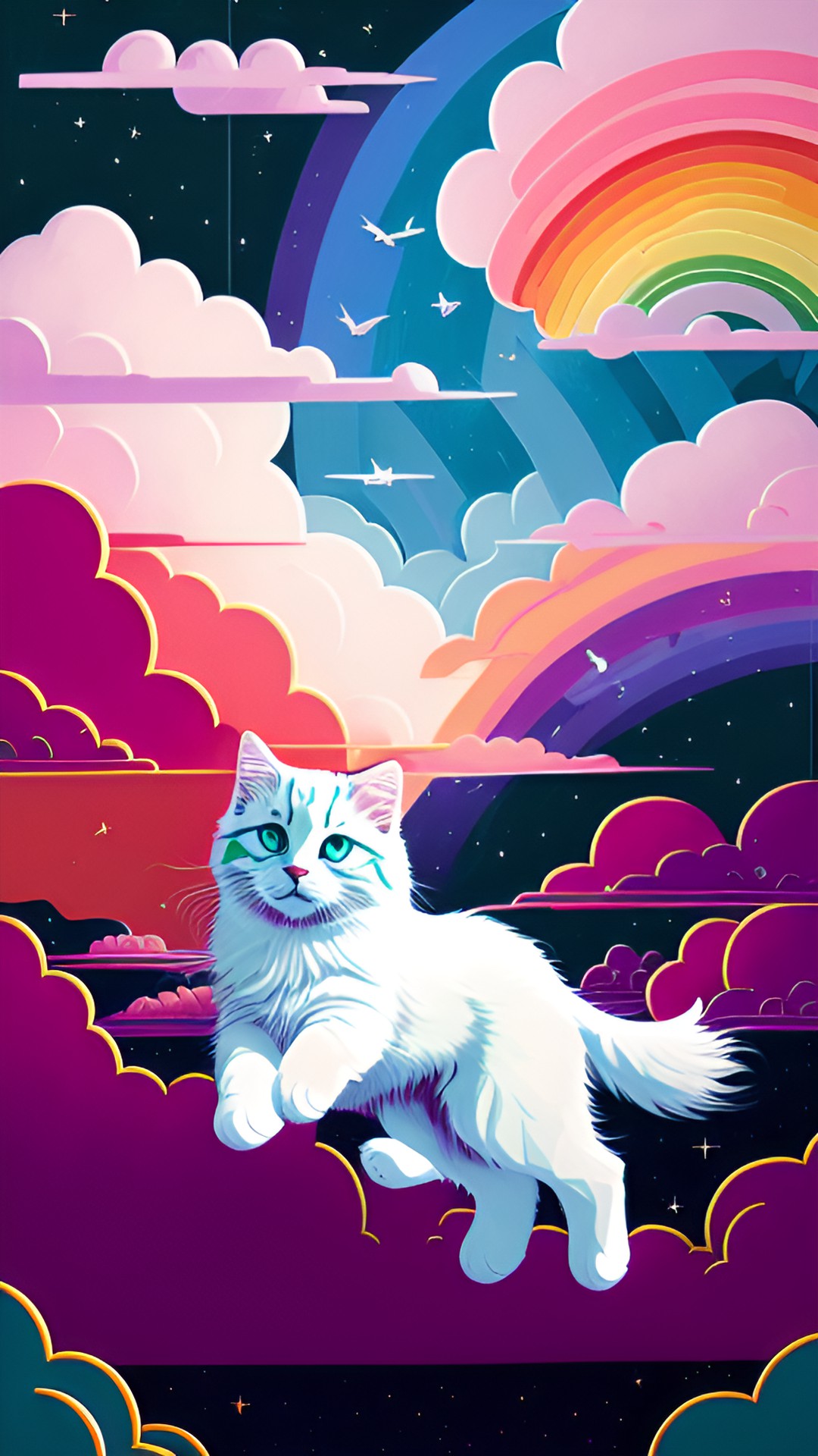 fluffy white siberian cat flying in rainbow clouds preview