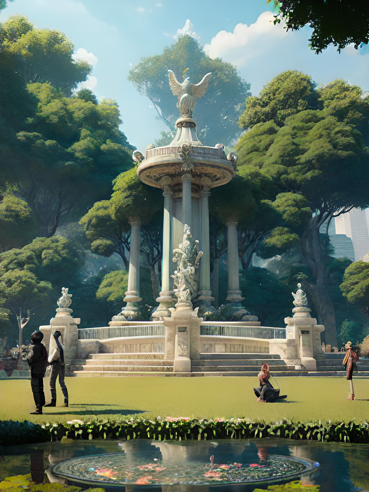 people doing people stuff in a park with a fountain and a statue of the goddess of utopia preview