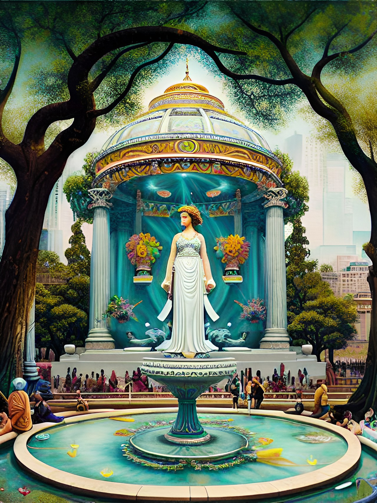 people doing people stuff in a park with a fountain and a statue of the goddess of utopia preview