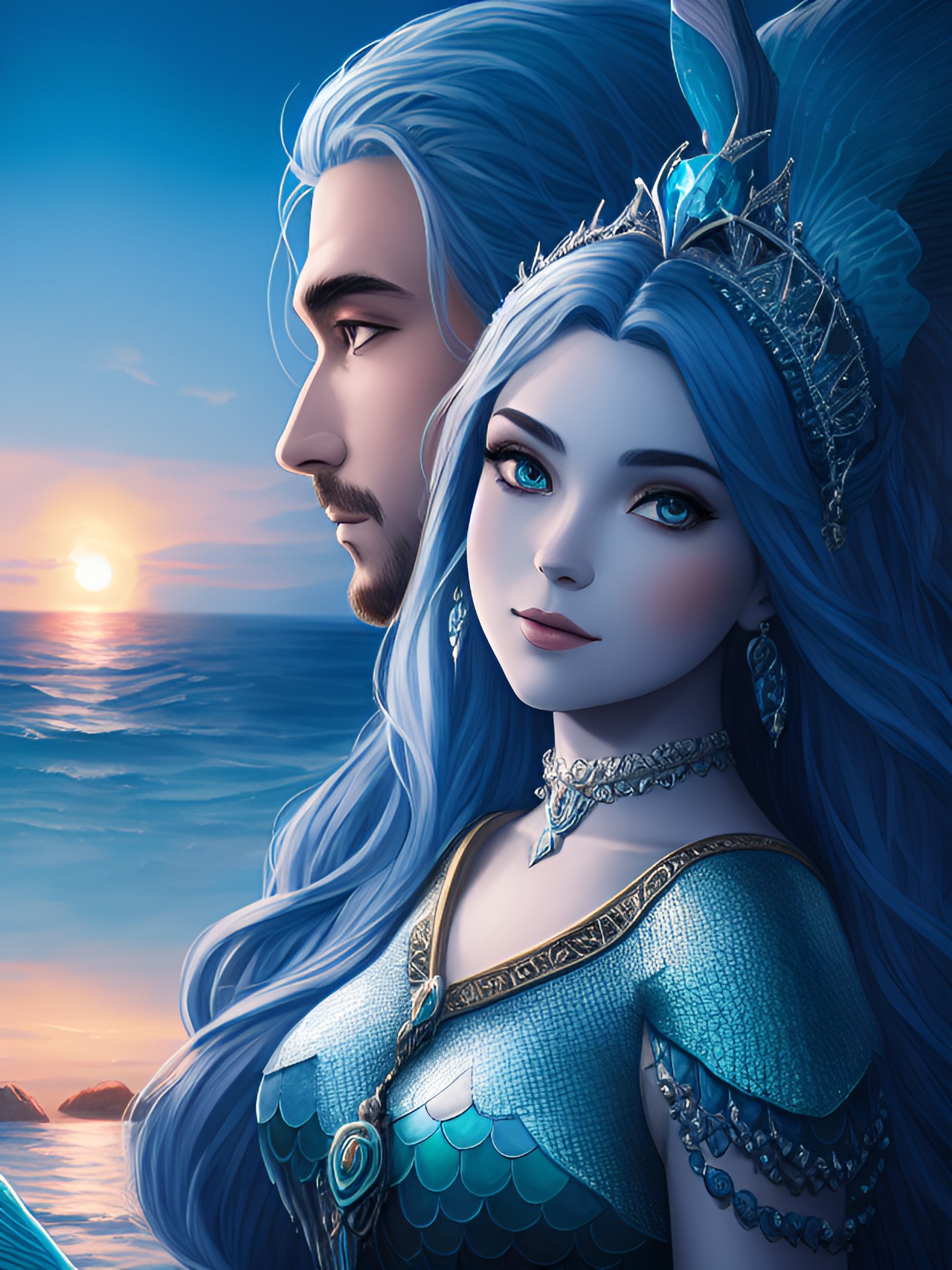 mermaid, mystical creature, with her king, sunset blue and grey ish, portrait, detailed, 8k, hd preview