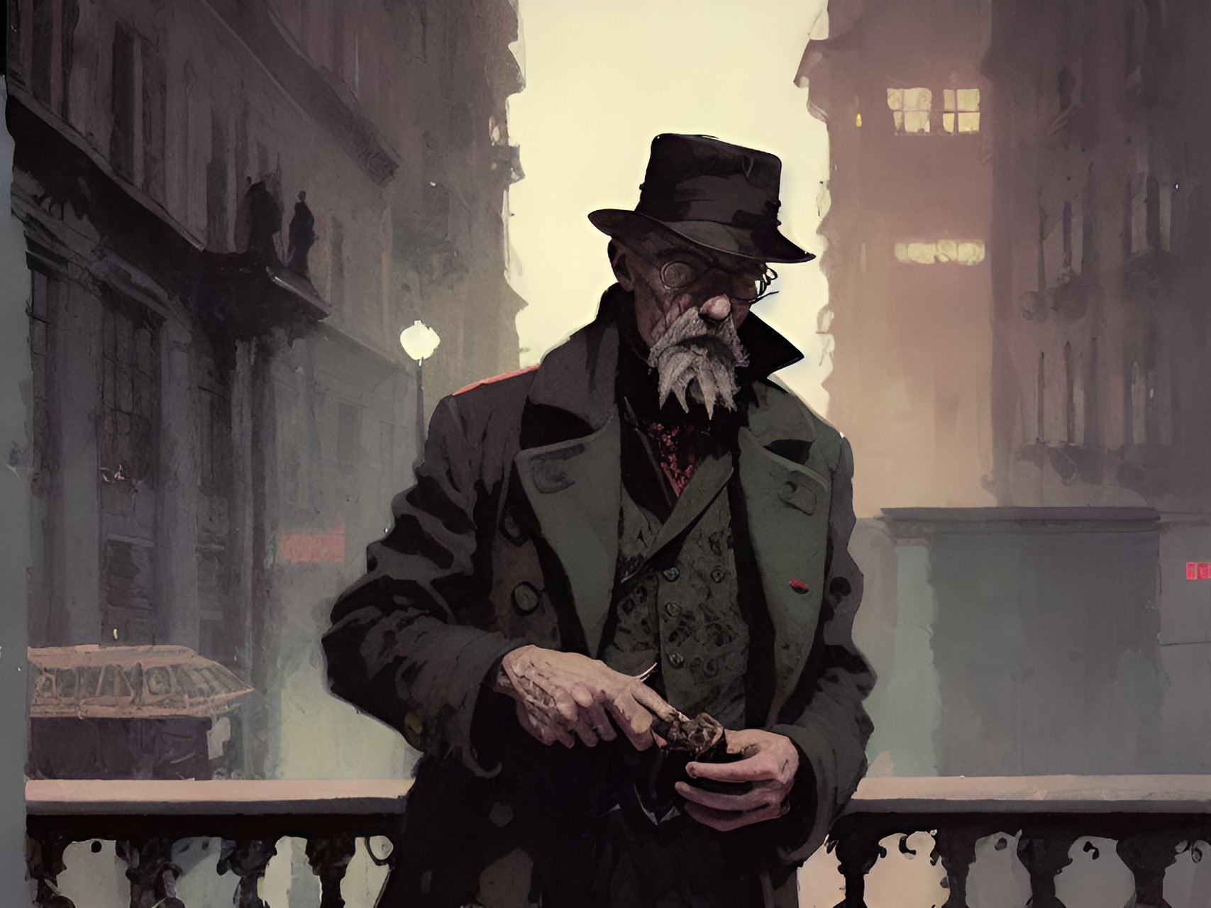 old smokes a pipe man portrait on budapest balcony at night,1969s, by mike mignola,spooky moody chill scene$frame,sign$portrait close up,casual wear, ultra detailed preview