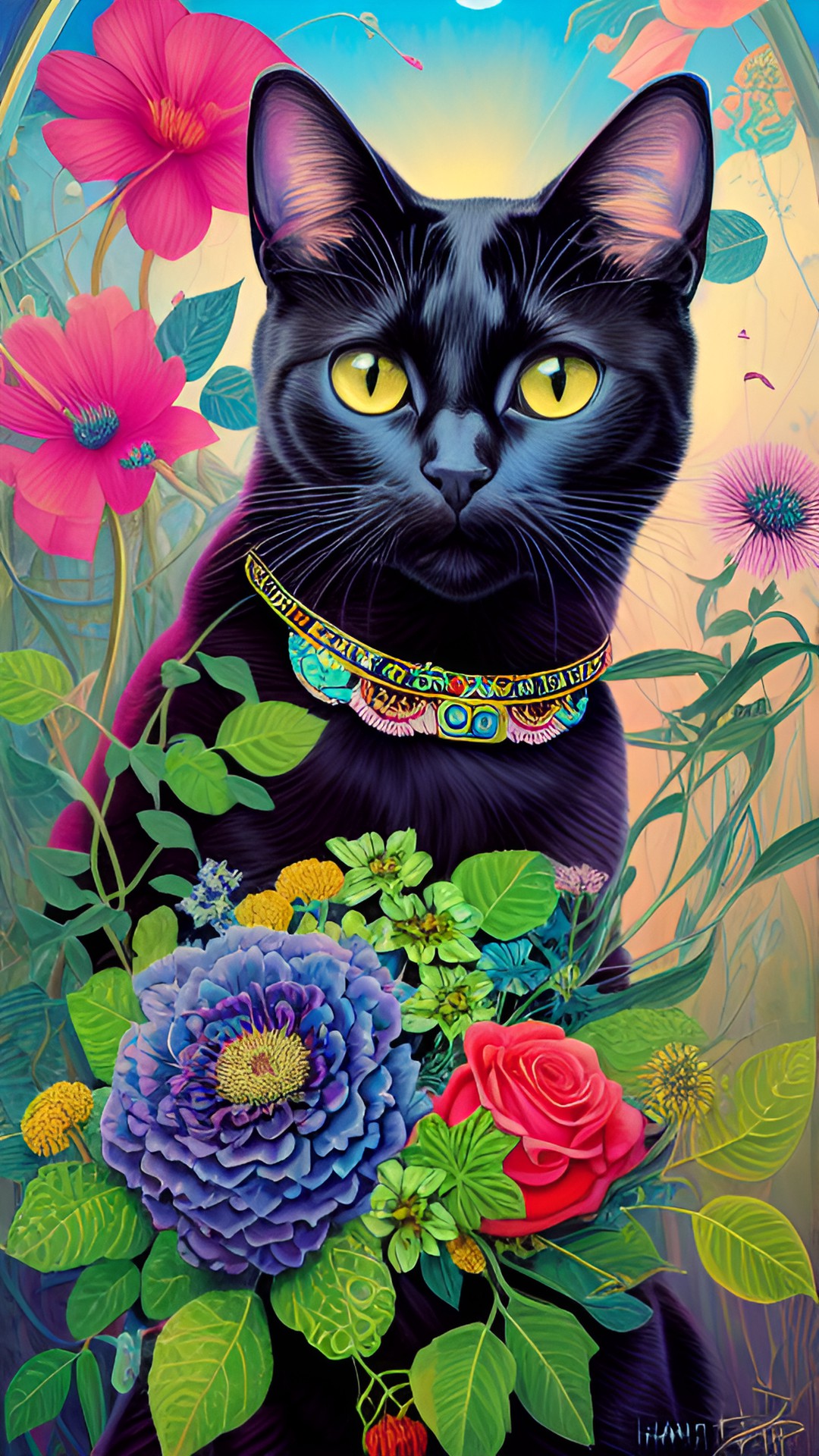 colorful flowers, juicy green leaves shining in the sun. flowers are smelled by a black cat preview