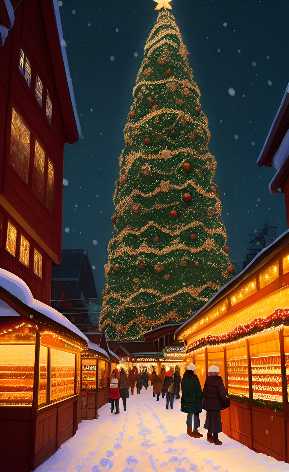 the christmas market sparkles at night in the snowy streets.  warm light glows from each stall. shining ornaments are hung and displayed. christmas trees and festive greens are everywhere. preview