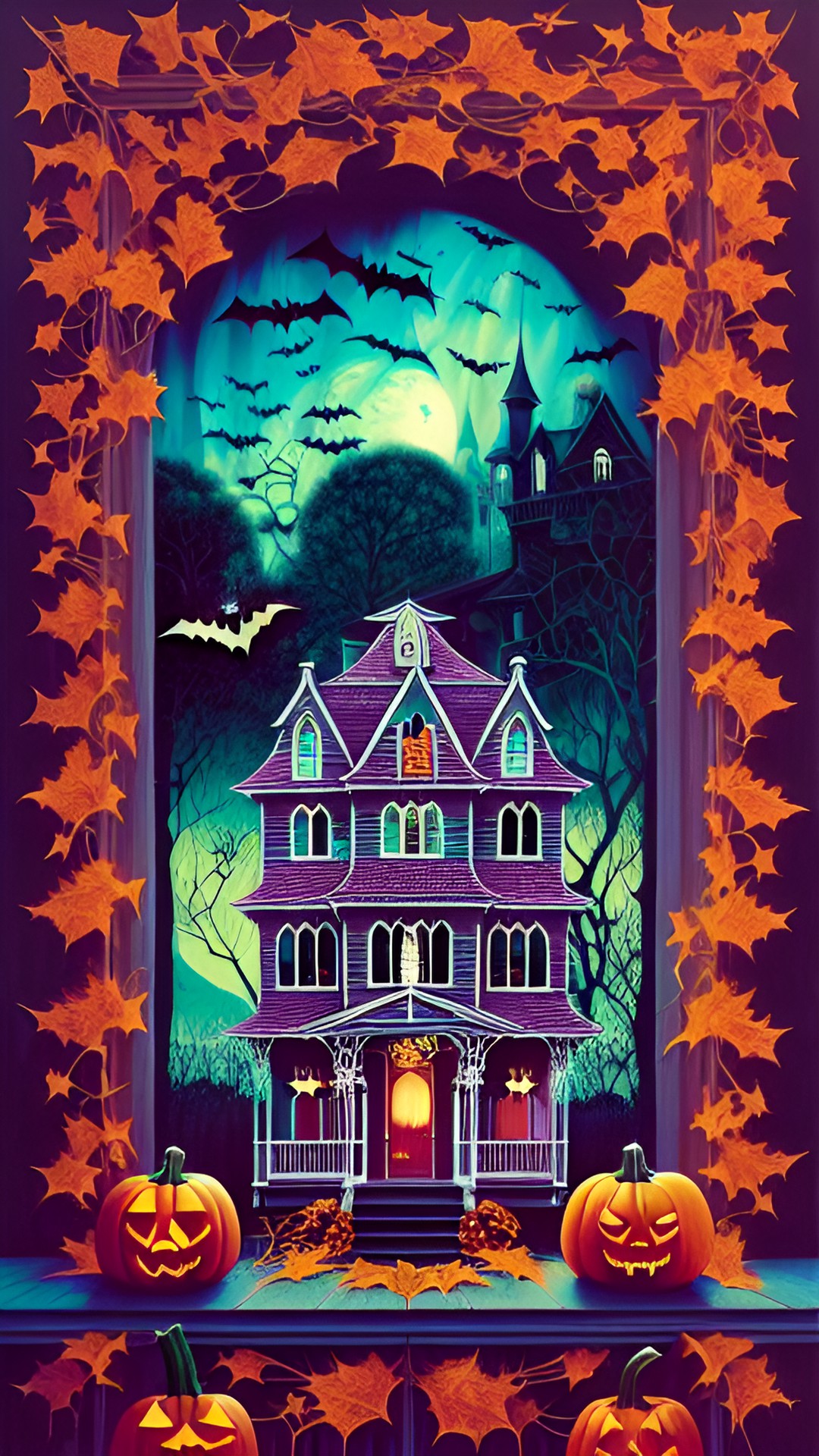 it’s halloween night. there is a spooky house with silhouettes in the windows. super kawaii bats fly through the air.  pumpkin vines frame the picture. preview