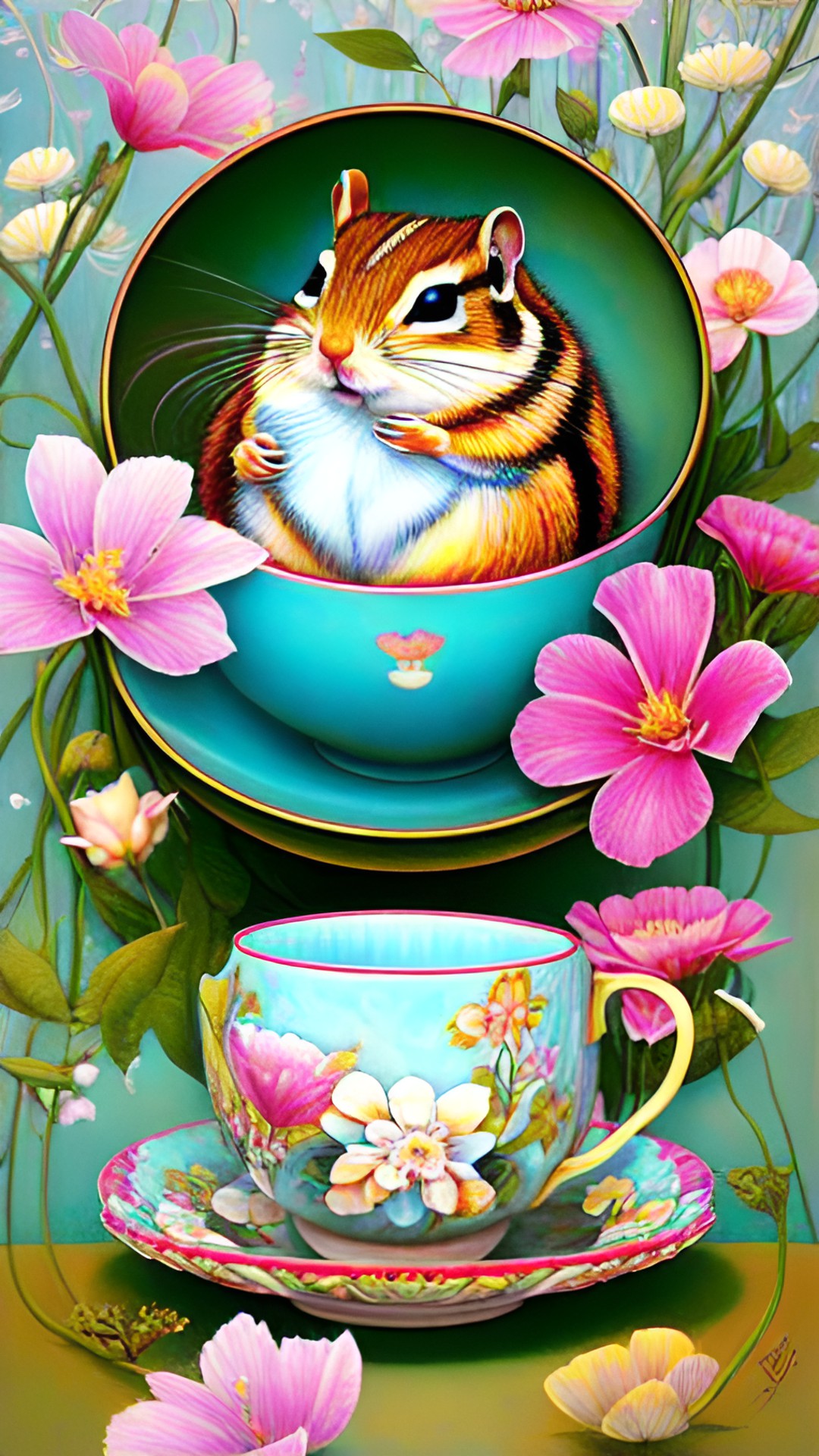 kawaii chipmunk in a teacup loves flowers. preview