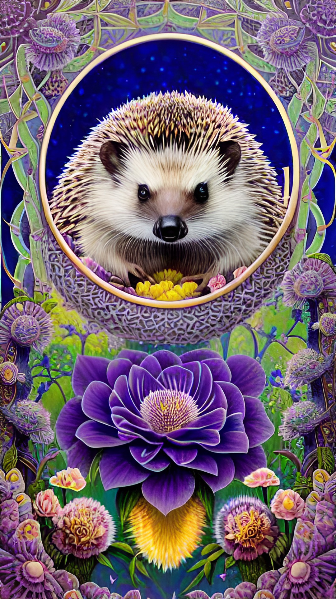 hedgehog surrounded by violets. preview