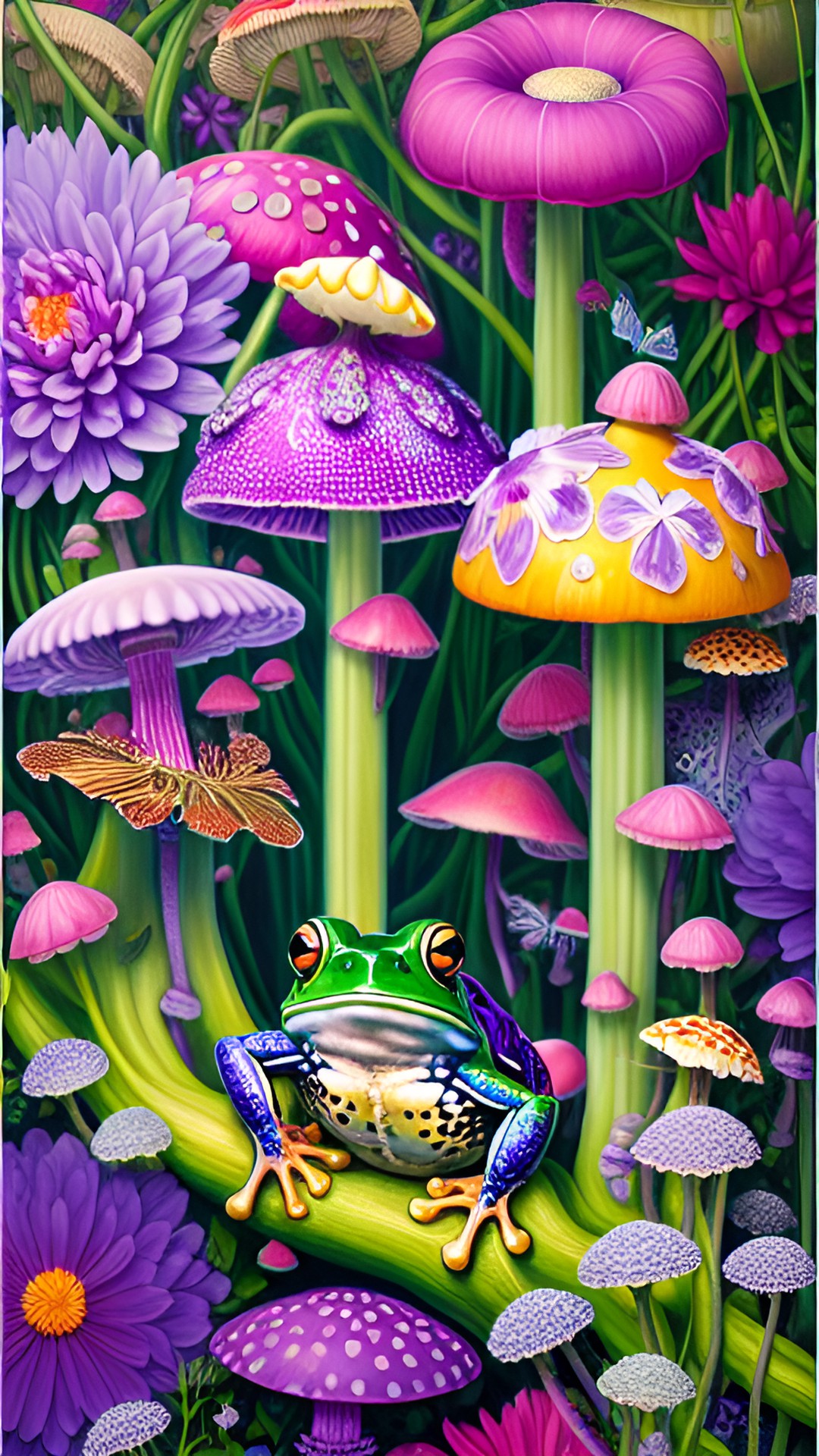 kawaii frogs and mushrooms. green and purple. surrounded by flowers. preview