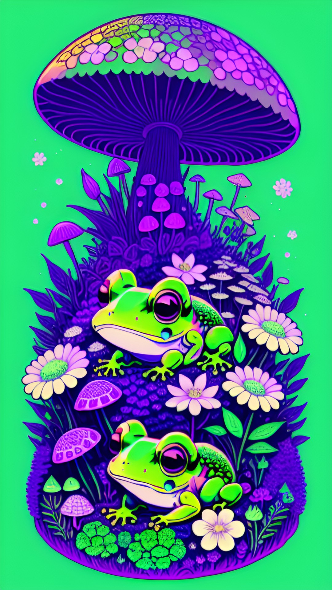 kawaii frogs and mushrooms. green and purple. surrounded by flowers. preview