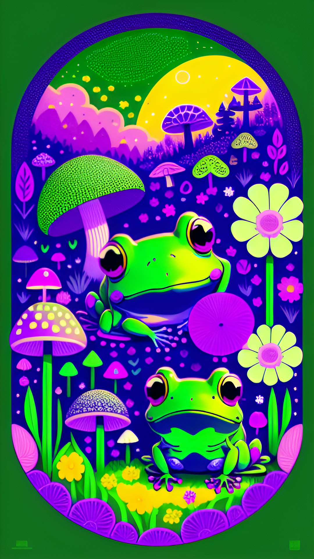 kawaii frogs and mushrooms. green and purple. surrounded by flowers. preview