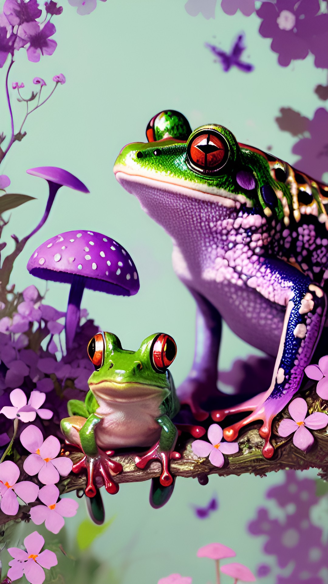 kawaii frogs and mushrooms. green and purple. surrounded by flowers. preview