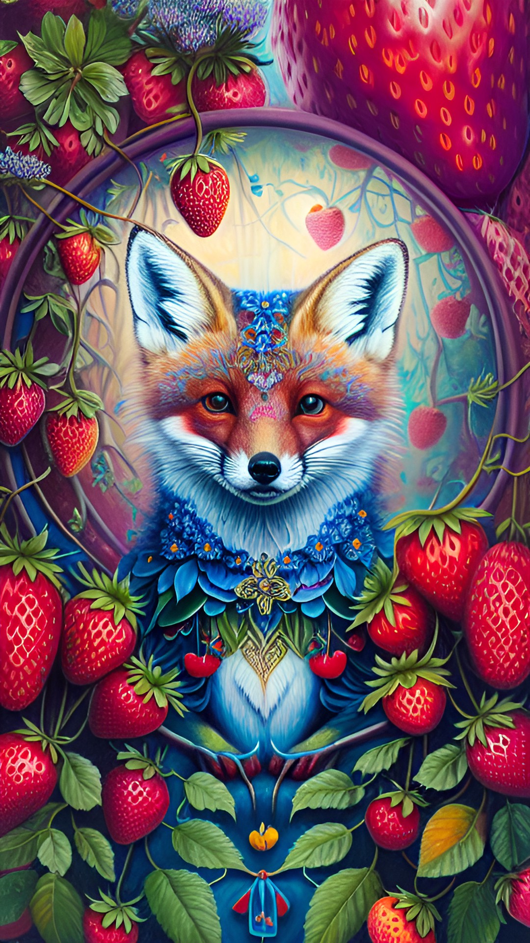 cute intelligent fox surrounded by strawberries and blossoms. preview