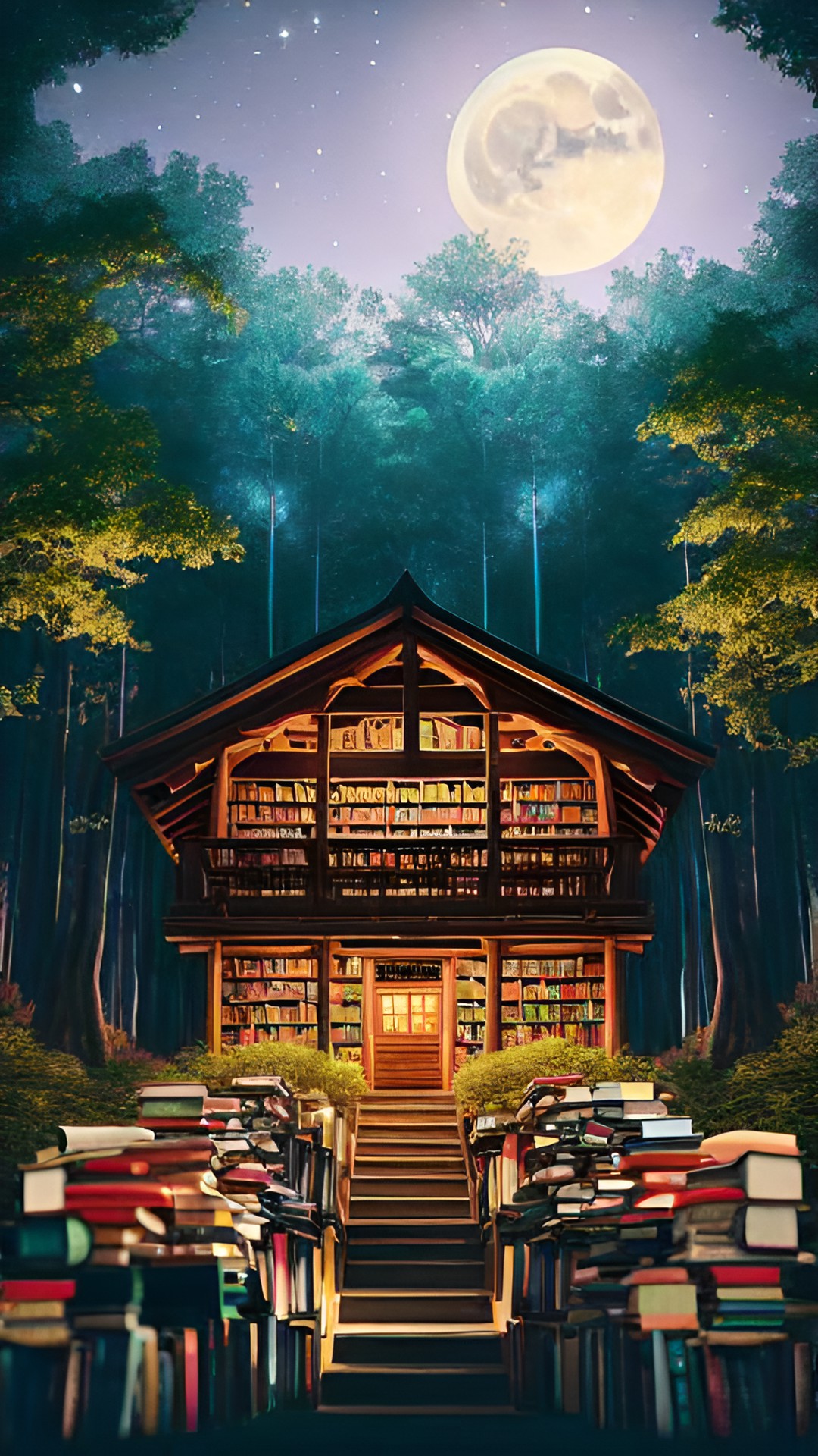 a forest full of books in the moonlight. preview