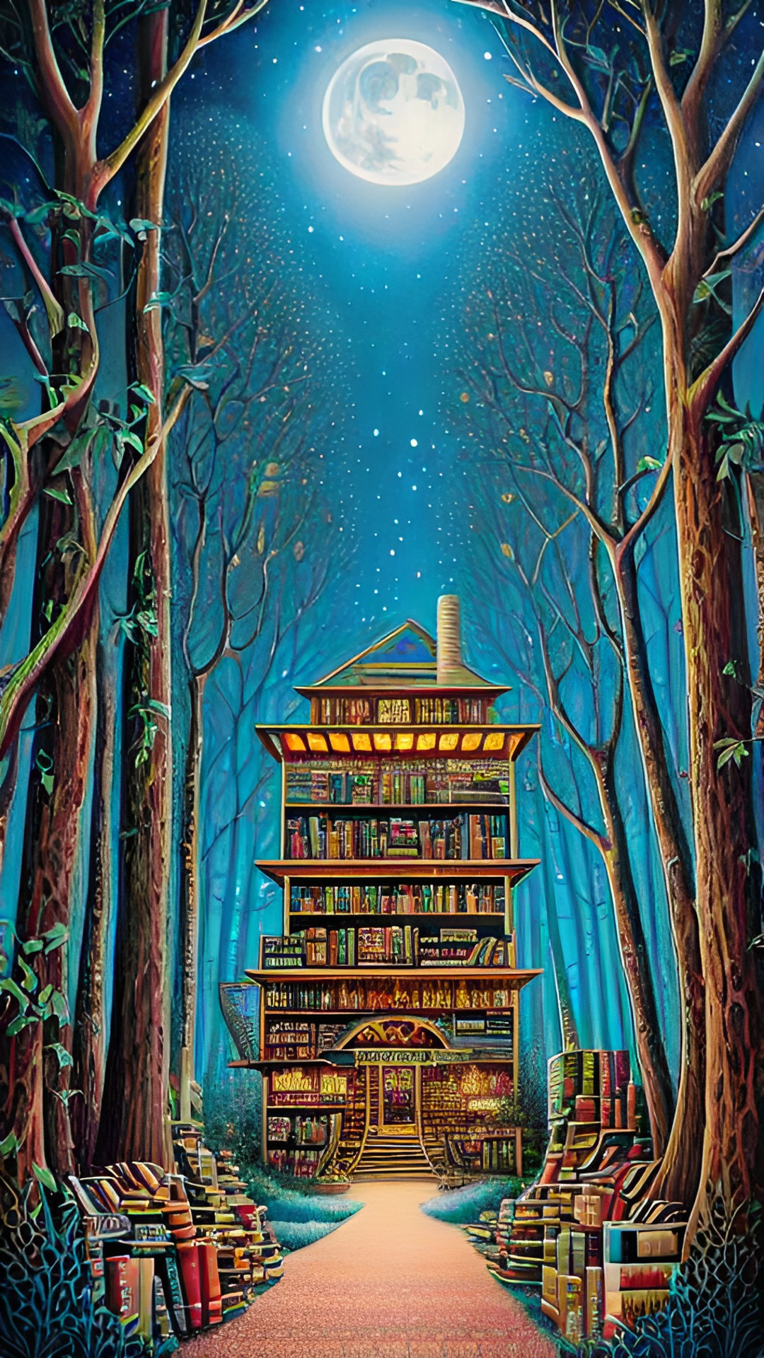 a forest full of books in the moonlight. preview