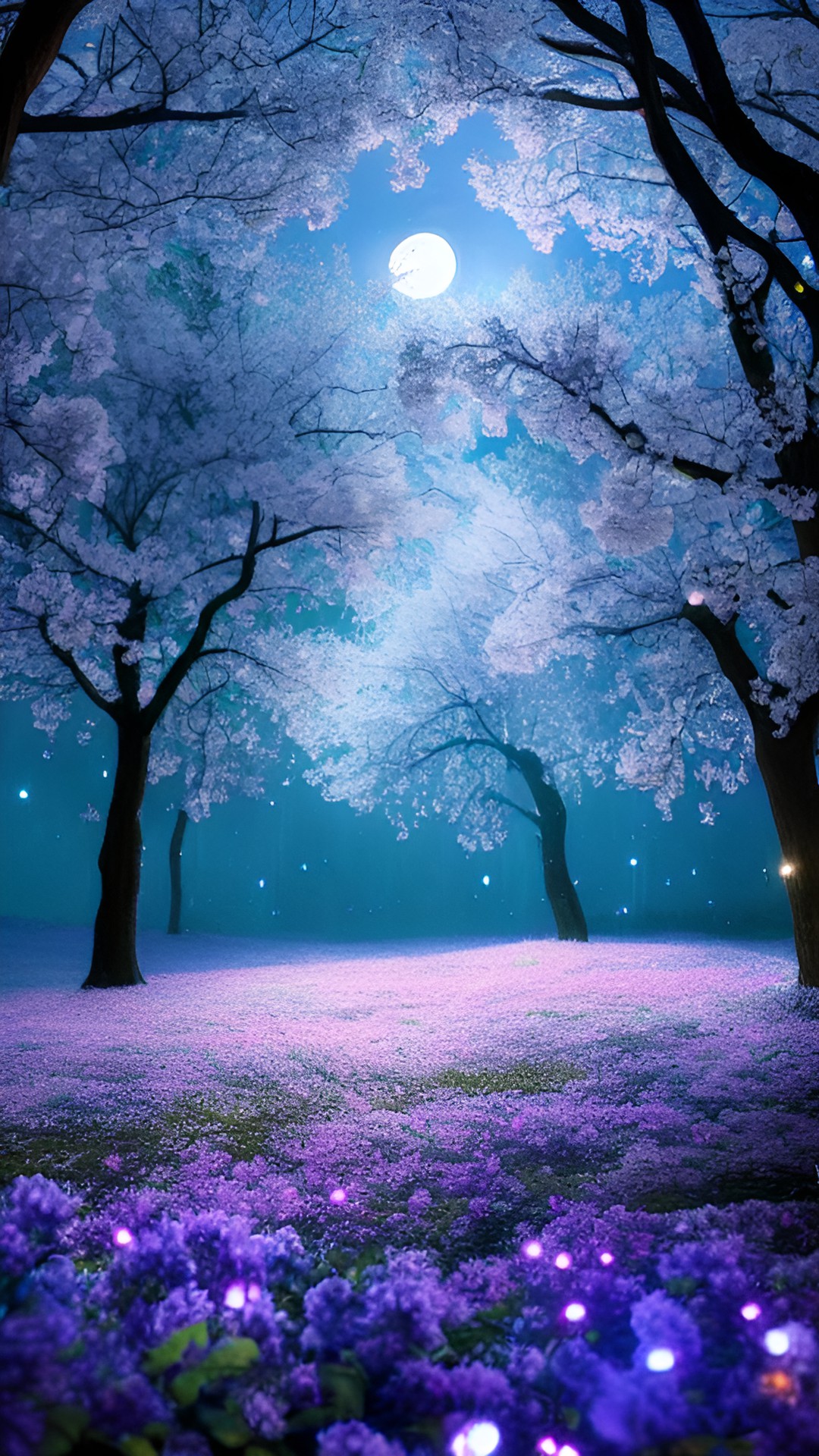 a magical forest of blooming trees in moonlight. fairies flit through the trees. preview