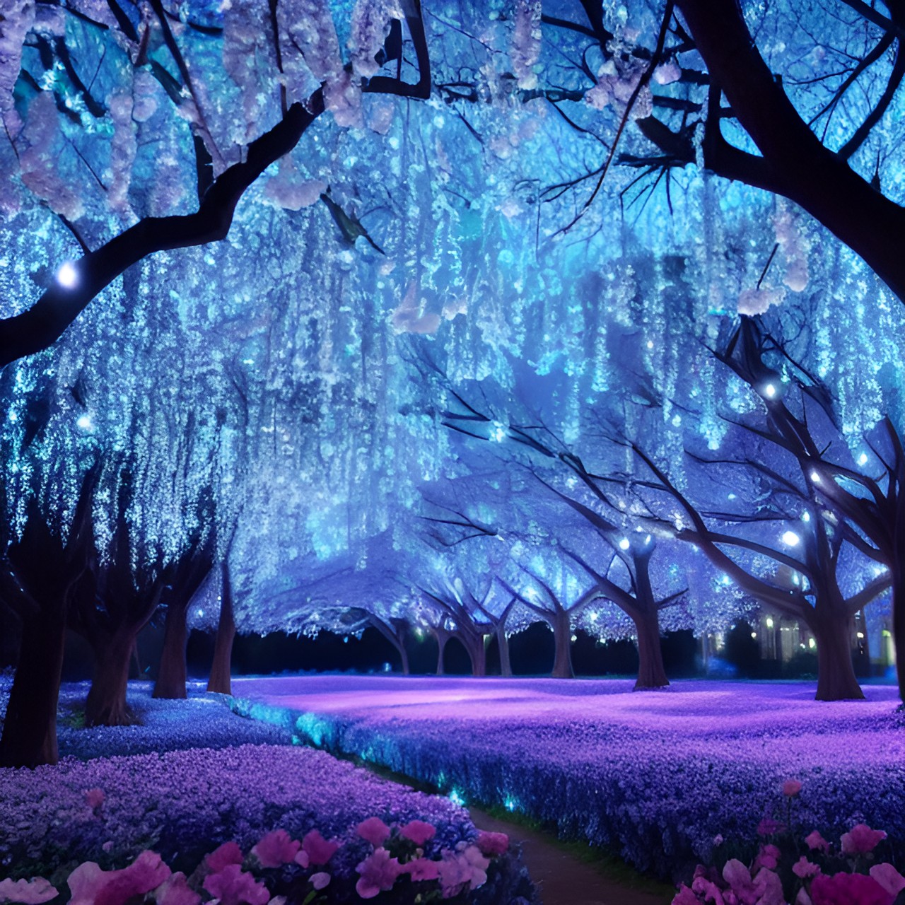 a magical forest of blooming trees in moonlight. fairies flit through the trees. preview