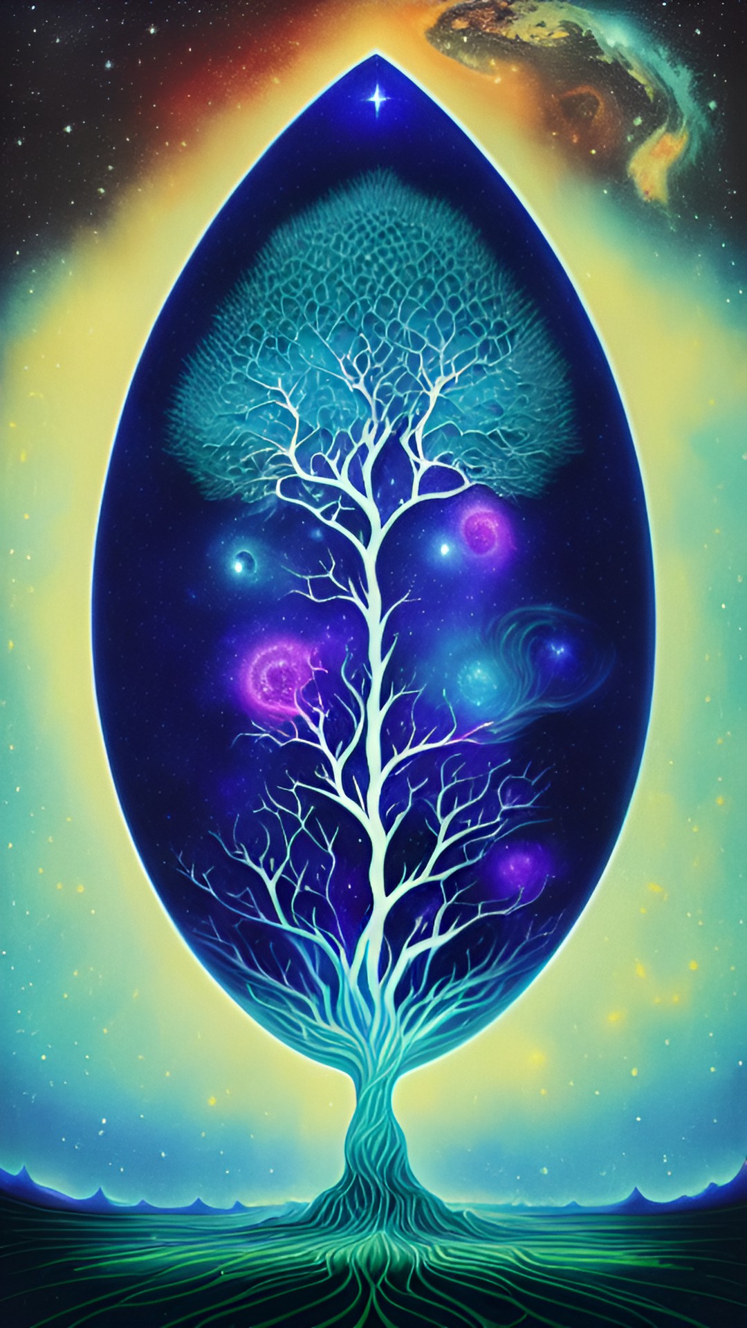 the world tree of  the sea of 1000 moons in color is a white space and nebula surrounded by giant shiny indigo and water green colored specked ocean, by gustave dor�� preview