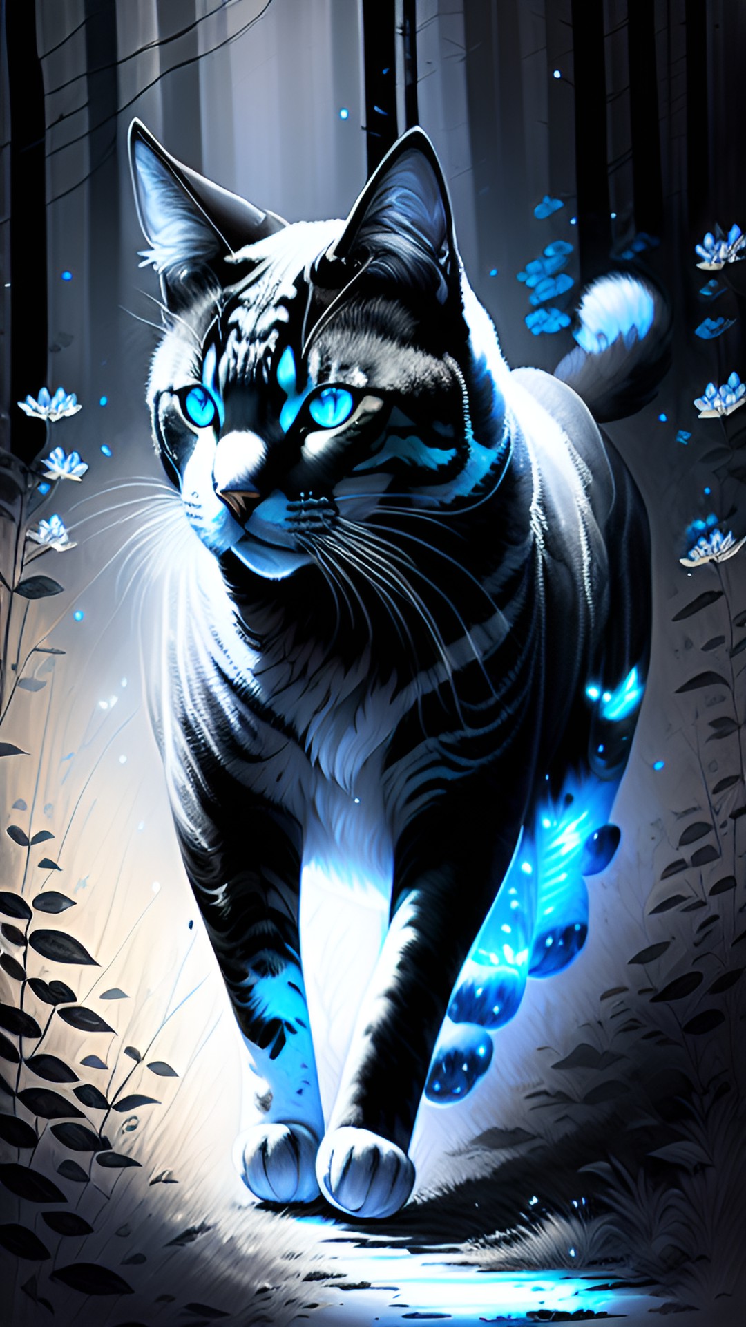 Spirit Cat wallpaper - translucent spirit cat running through a black and dark woodland with small blue flowers lighting the way preview