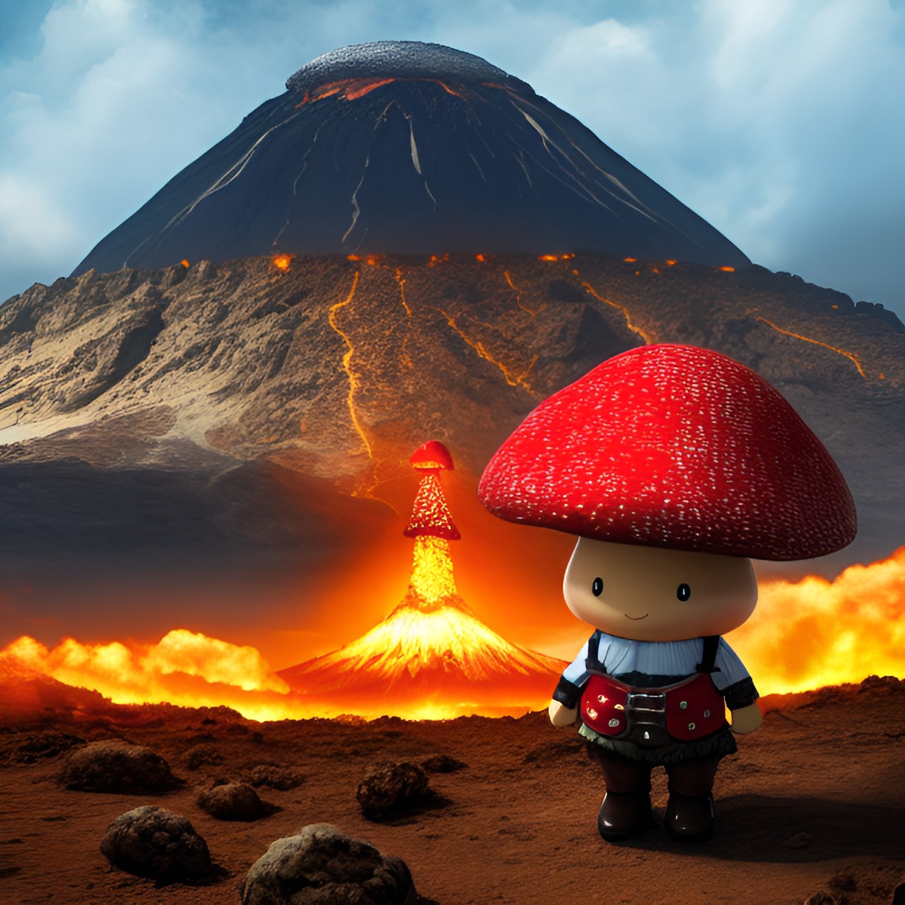 a mushroom wearing a lederhosen standing inside of mount doom preview