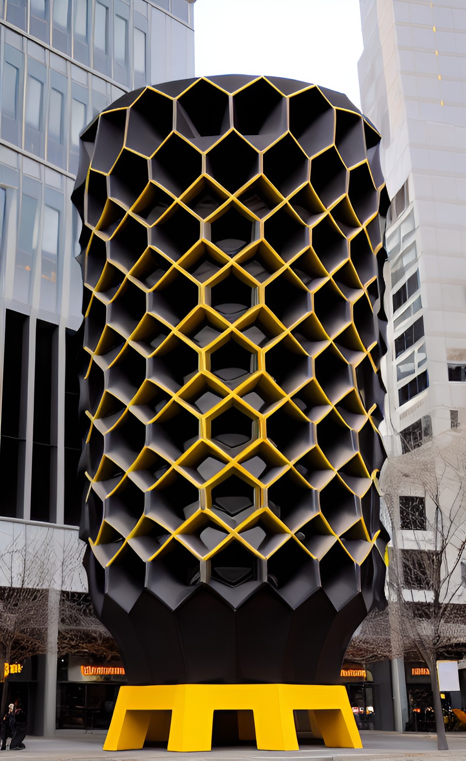 Sculpture - giant black yellow grey honeycomb sculpture downtown trisomy preview