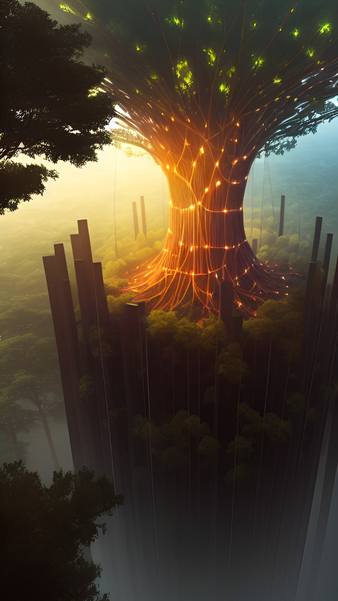 a giant net of trees connected by roots, communicating with each other, miracle intelligent plants, aerial view, luminous, luminescent roots preview