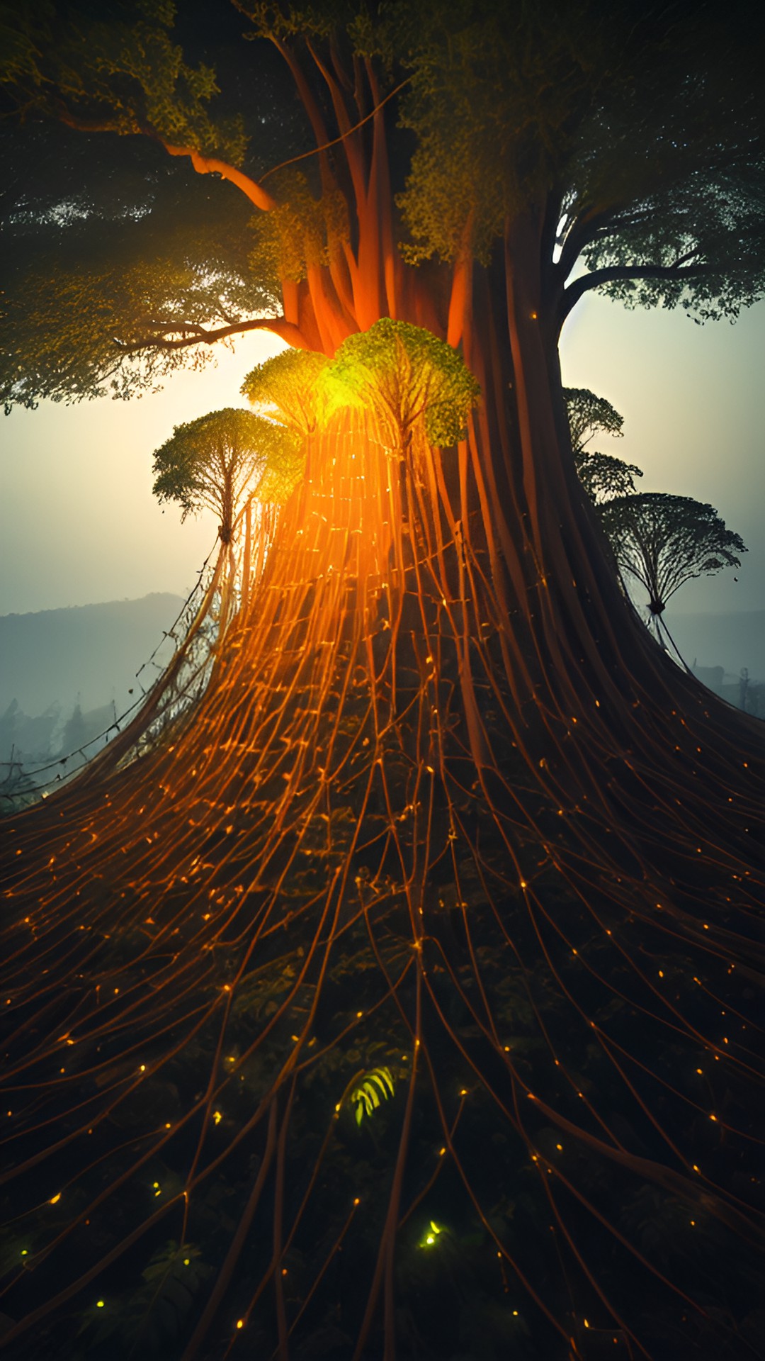 a giant net of trees connected by roots, communicating with each other, miracle intelligent plants, aerial view, luminous, luminescent roots preview