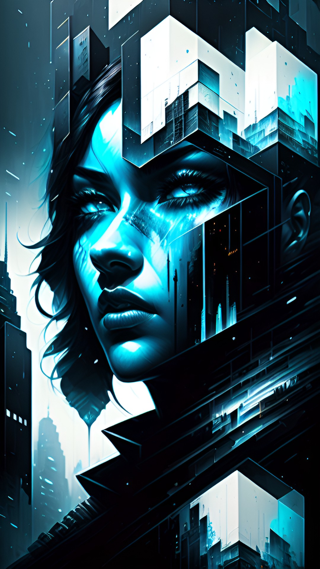 Dark Future - humanity in a dark future, tense scene, gloomy lighting, dystopian city background, abstract cubes, blue and black colors, abstract cubic art, epic, human head closeup. preview